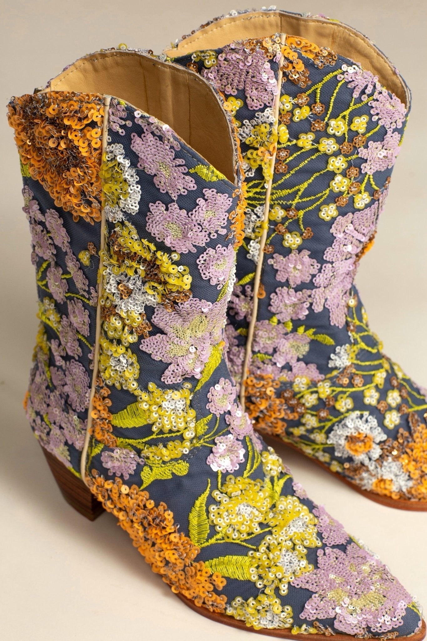 LAVENDER EMBROIDERED FLOWER SEQUIN WESTERN BOOTS - BANGKOK TAILOR CLOTHING STORE - HANDMADE CLOTHING