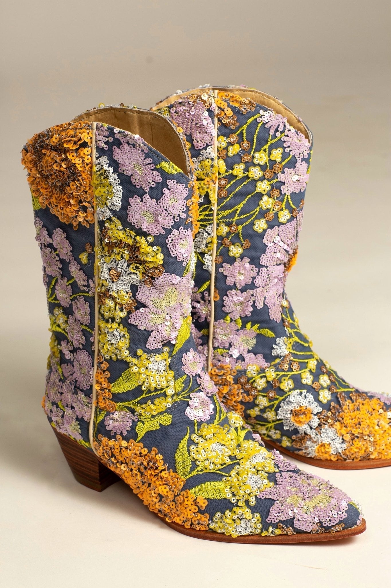 LAVENDER EMBROIDERED FLOWER SEQUIN WESTERN BOOTS - BANGKOK TAILOR CLOTHING STORE - HANDMADE CLOTHING