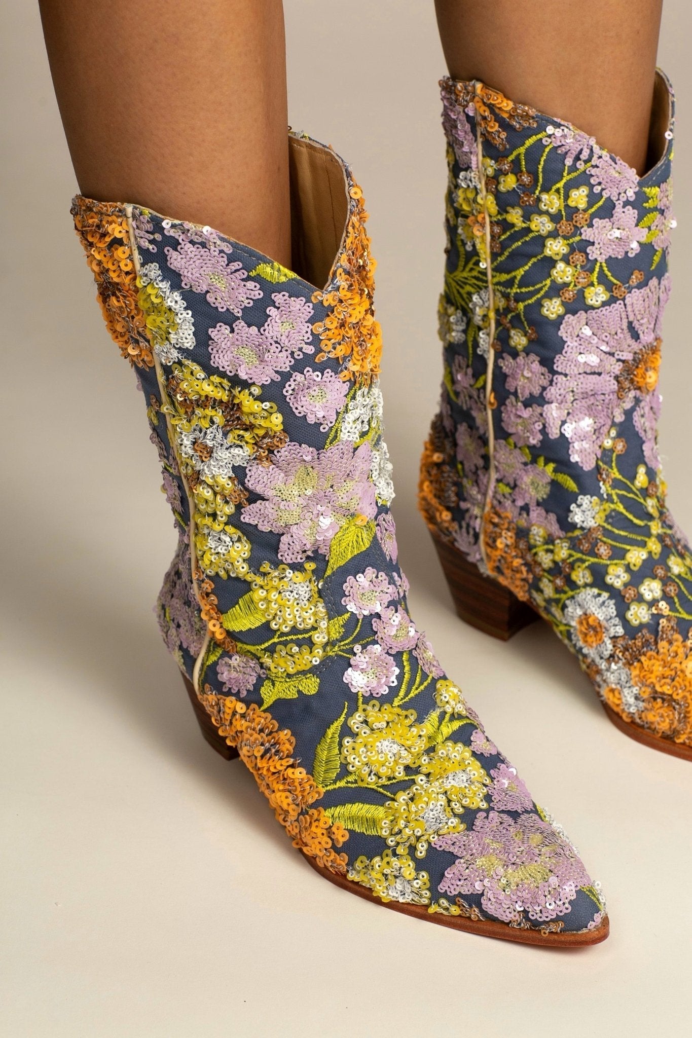 LAVENDER EMBROIDERED FLOWER SEQUIN WESTERN BOOTS - BANGKOK TAILOR CLOTHING STORE - HANDMADE CLOTHING