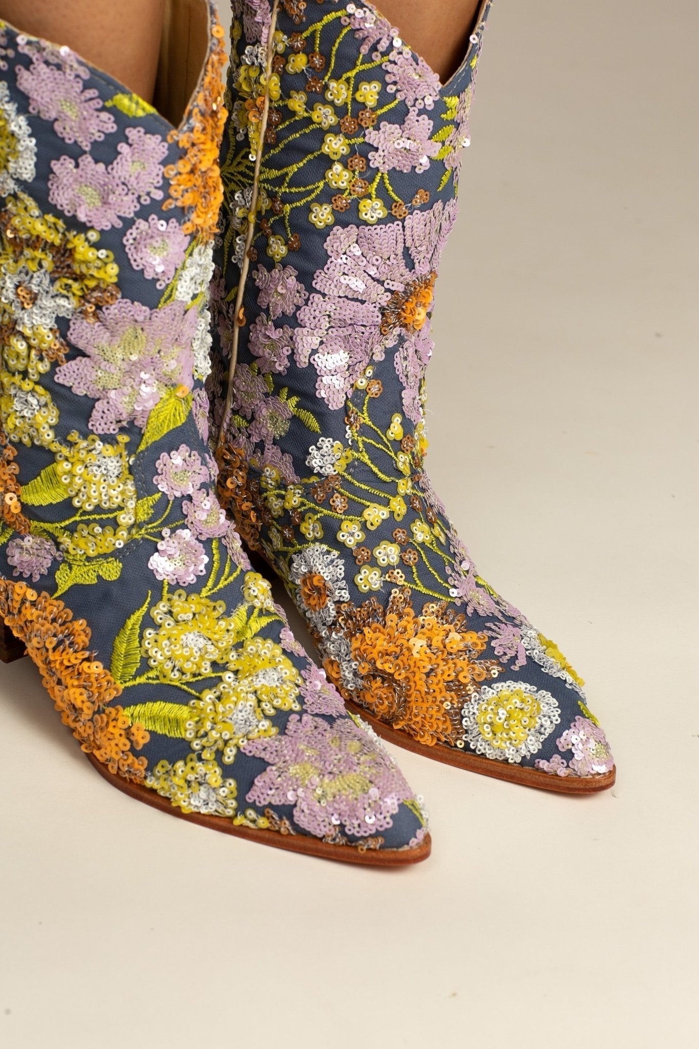 LAVENDER EMBROIDERED FLOWER SEQUIN WESTERN BOOTS - BANGKOK TAILOR CLOTHING STORE - HANDMADE CLOTHING
