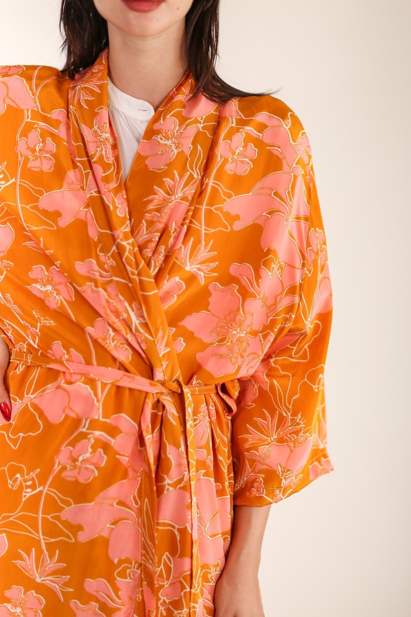 ORANGE FLOWER PRINT SILK KIMONO GOLBY - BANGKOK TAILOR CLOTHING STORE - HANDMADE CLOTHING
