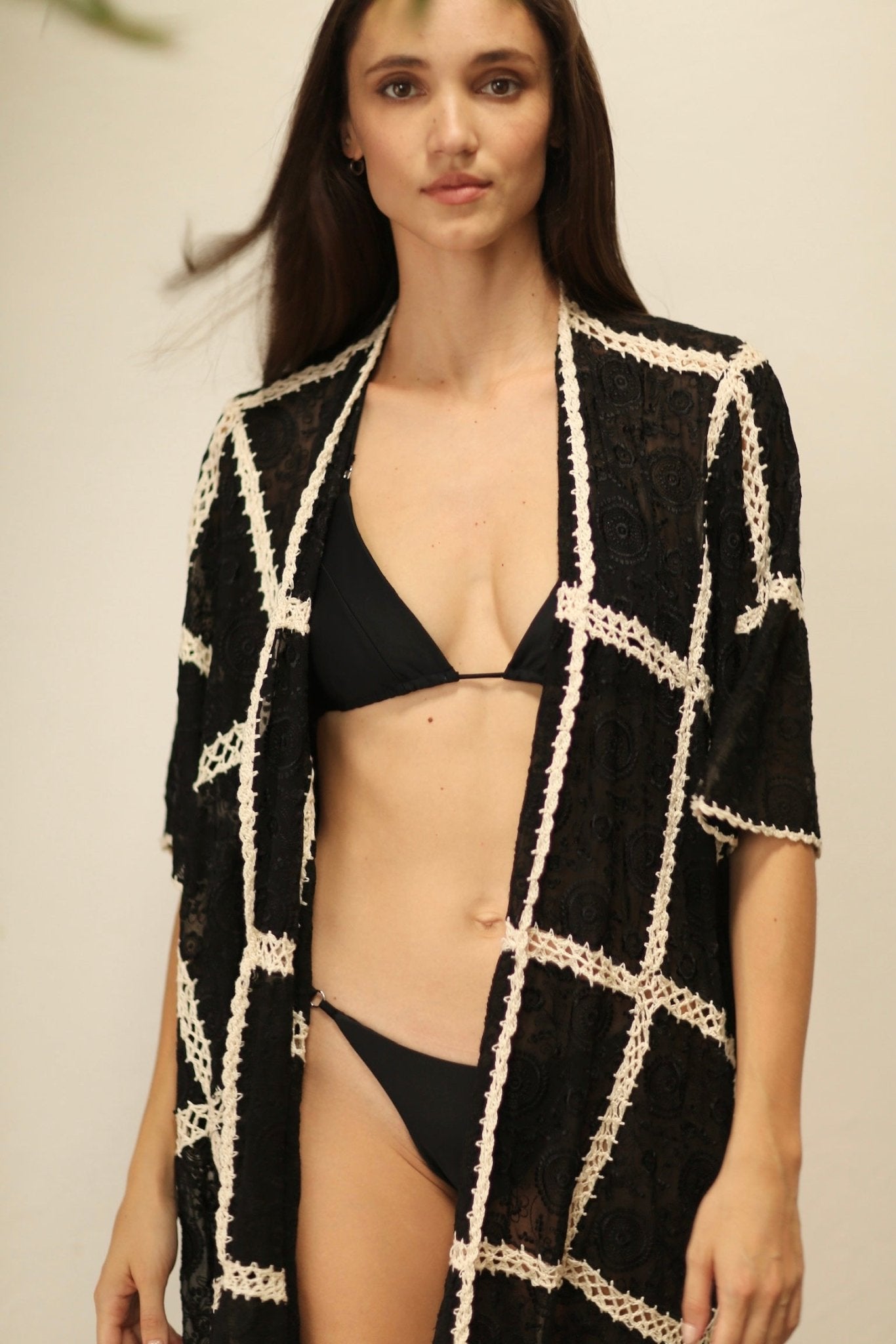 OYA BLACK KIMONO WITH CROCHET - BANGKOK TAILOR CLOTHING STORE - HANDMADE CLOTHING