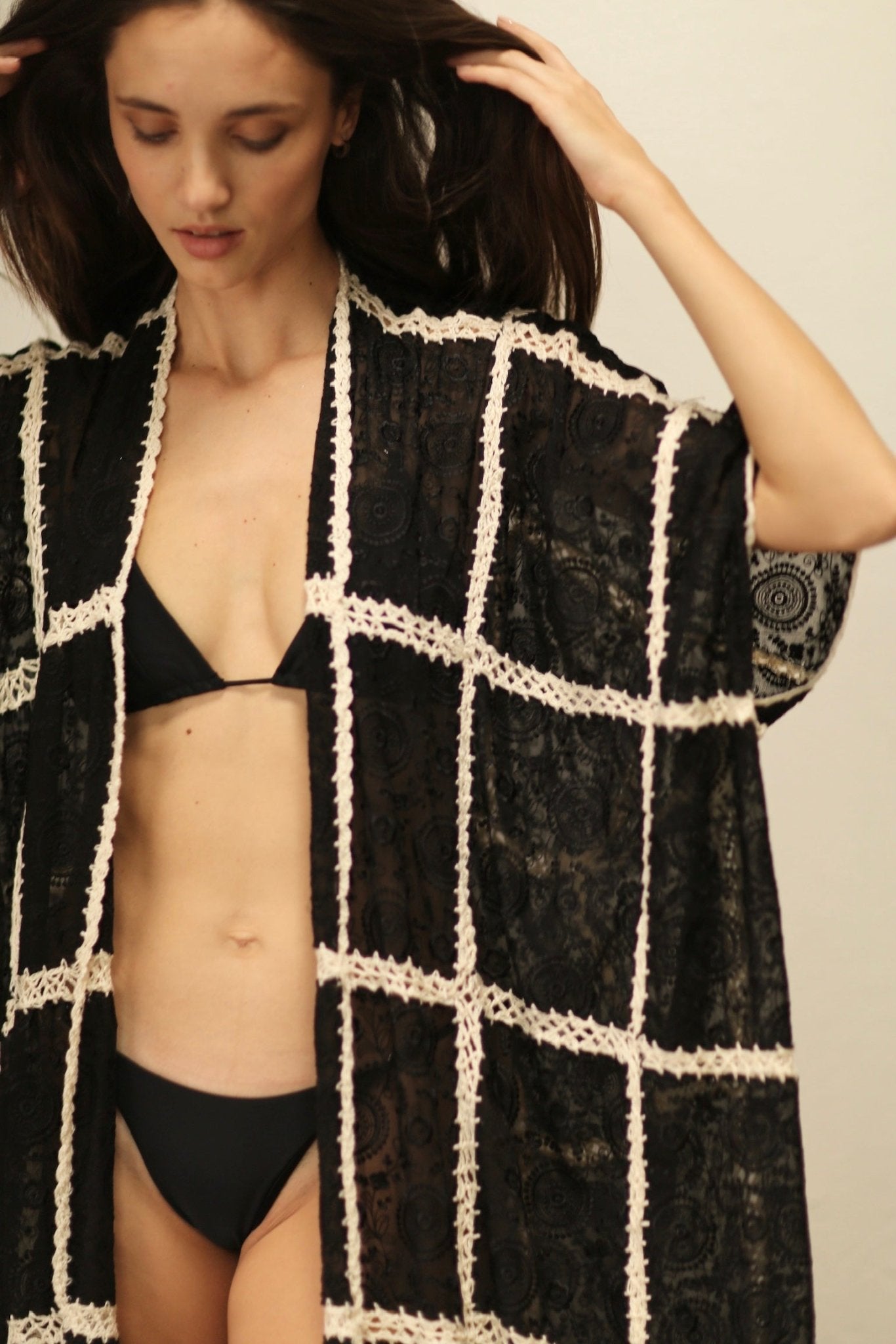 OYA BLACK KIMONO WITH CROCHET - BANGKOK TAILOR CLOTHING STORE - HANDMADE CLOTHING