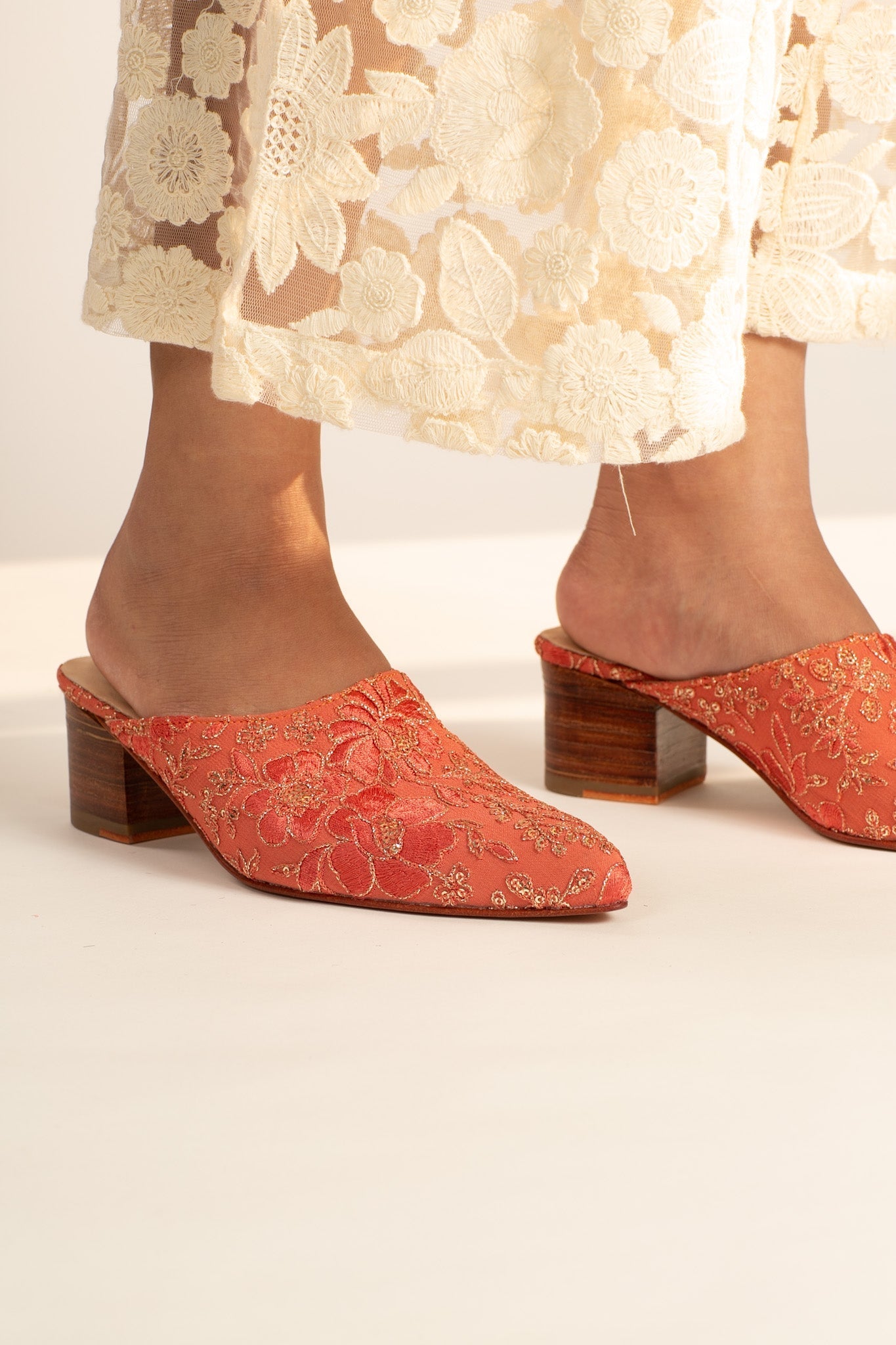 PEACH SILK EMBROIDERED HEELED MULES LEILY - BANGKOK TAILOR CLOTHING STORE - HANDMADE CLOTHING