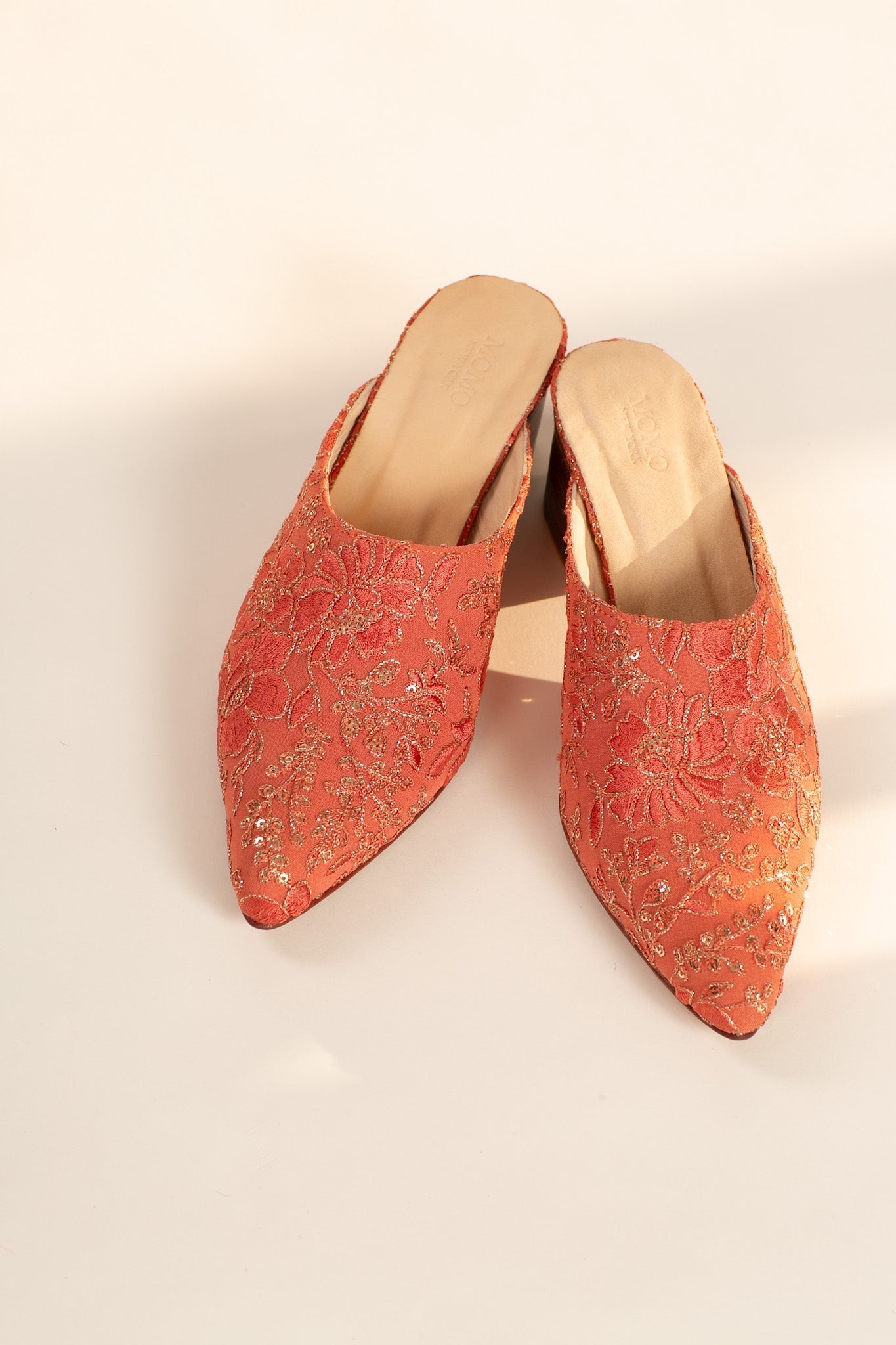 PEACH SILK EMBROIDERED HEELED MULES LEILY - BANGKOK TAILOR CLOTHING STORE - HANDMADE CLOTHING