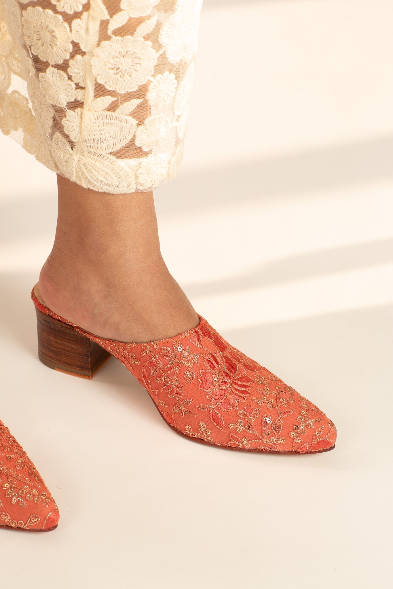 PEACH SILK EMBROIDERED HEELED MULES LEILY - BANGKOK TAILOR CLOTHING STORE - HANDMADE CLOTHING