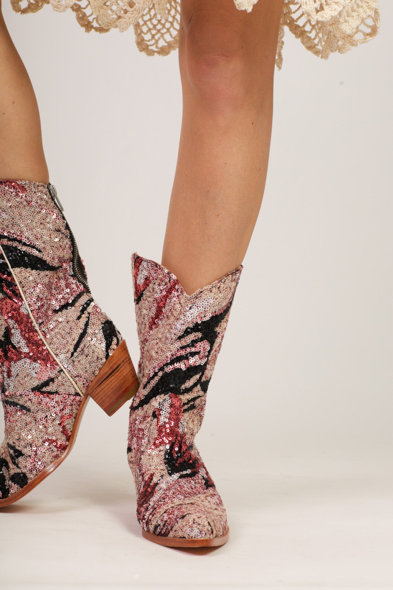 PINK BLACK SEQUIN EMBROIDERED WESTERN BOOTS RIAL - BANGKOK TAILOR CLOTHING STORE - HANDMADE CLOTHING