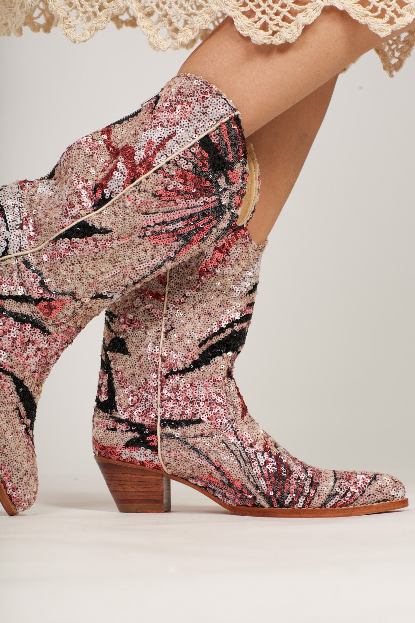 PINK BLACK SEQUIN EMBROIDERED WESTERN BOOTS RIAL - BANGKOK TAILOR CLOTHING STORE - HANDMADE CLOTHING