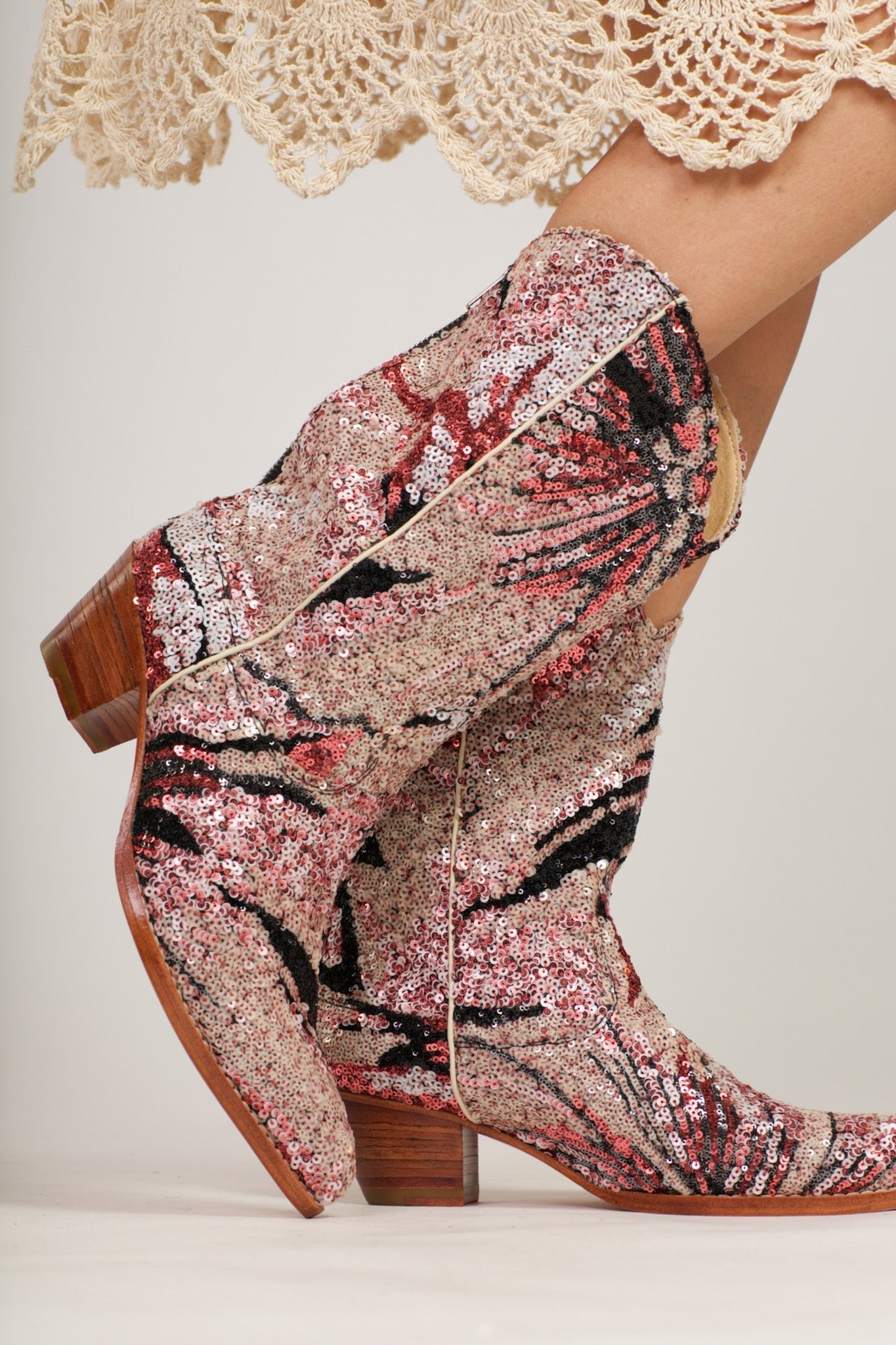 PINK BLACK SEQUIN EMBROIDERED WESTERN BOOTS RIAL - BANGKOK TAILOR CLOTHING STORE - HANDMADE CLOTHING