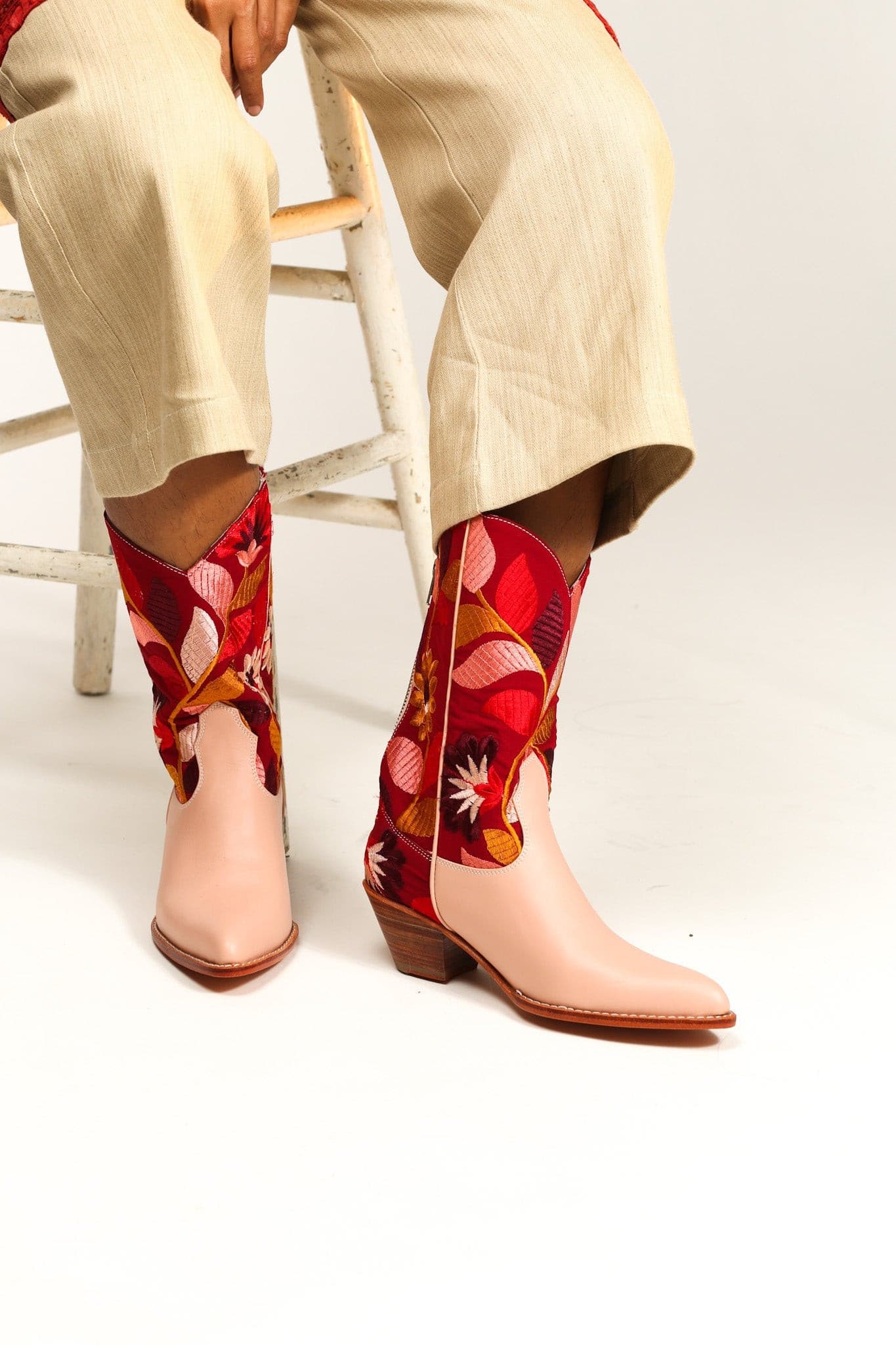 TENDER PINK FLOWER EMBROIDERED WESTERN BOOTS X ANTHROPOLOGIE - BANGKOK TAILOR CLOTHING STORE - HANDMADE CLOTHING