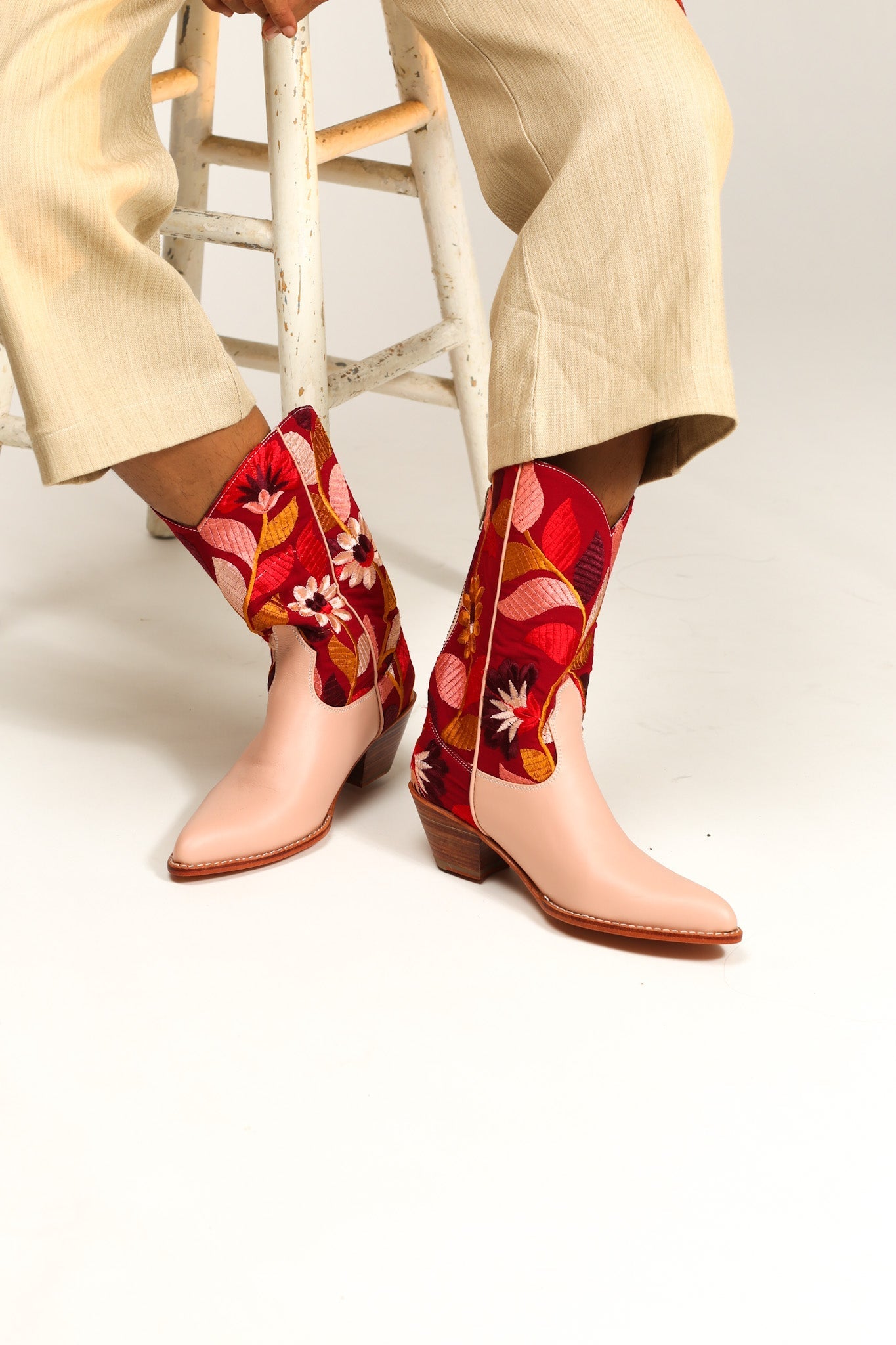 TENDER PINK FLOWER EMBROIDERED WESTERN BOOTS X ANTHROPOLOGIE - BANGKOK TAILOR CLOTHING STORE - HANDMADE CLOTHING
