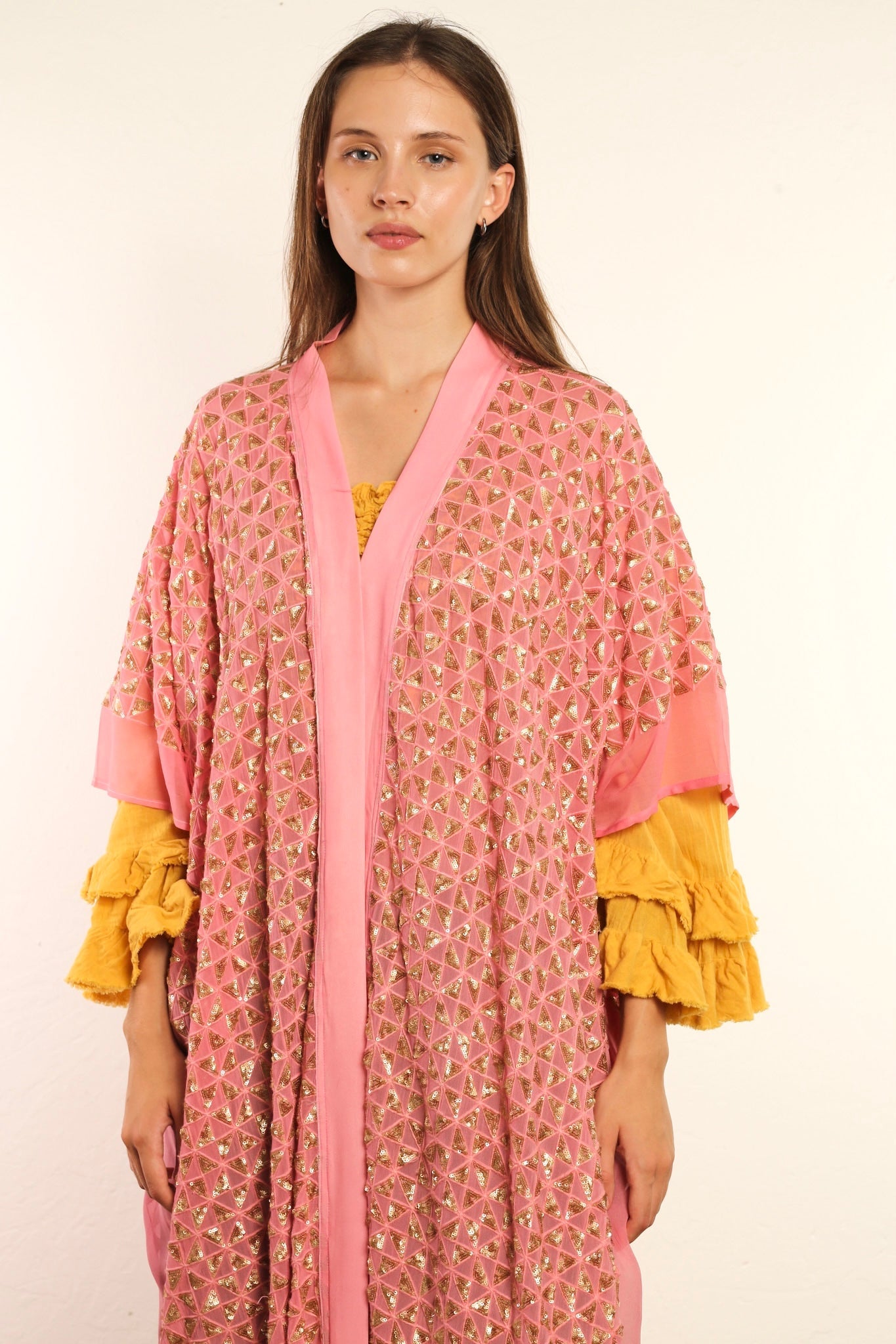 TRIANGLE GOLDEN PINK SILK KIMONO - BANGKOK TAILOR CLOTHING STORE - HANDMADE CLOTHING