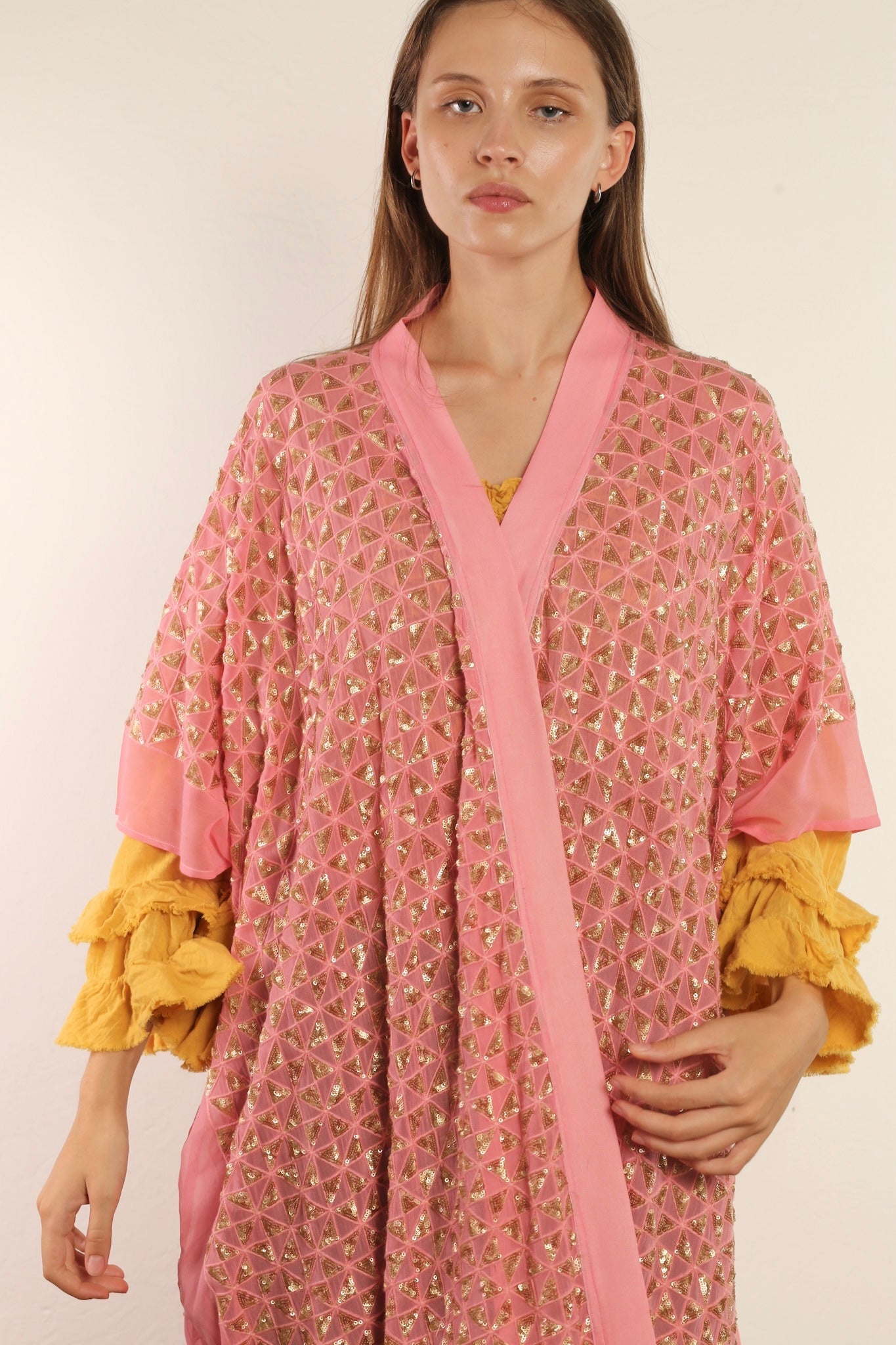 TRIANGLE GOLDEN PINK SILK KIMONO - BANGKOK TAILOR CLOTHING STORE - HANDMADE CLOTHING