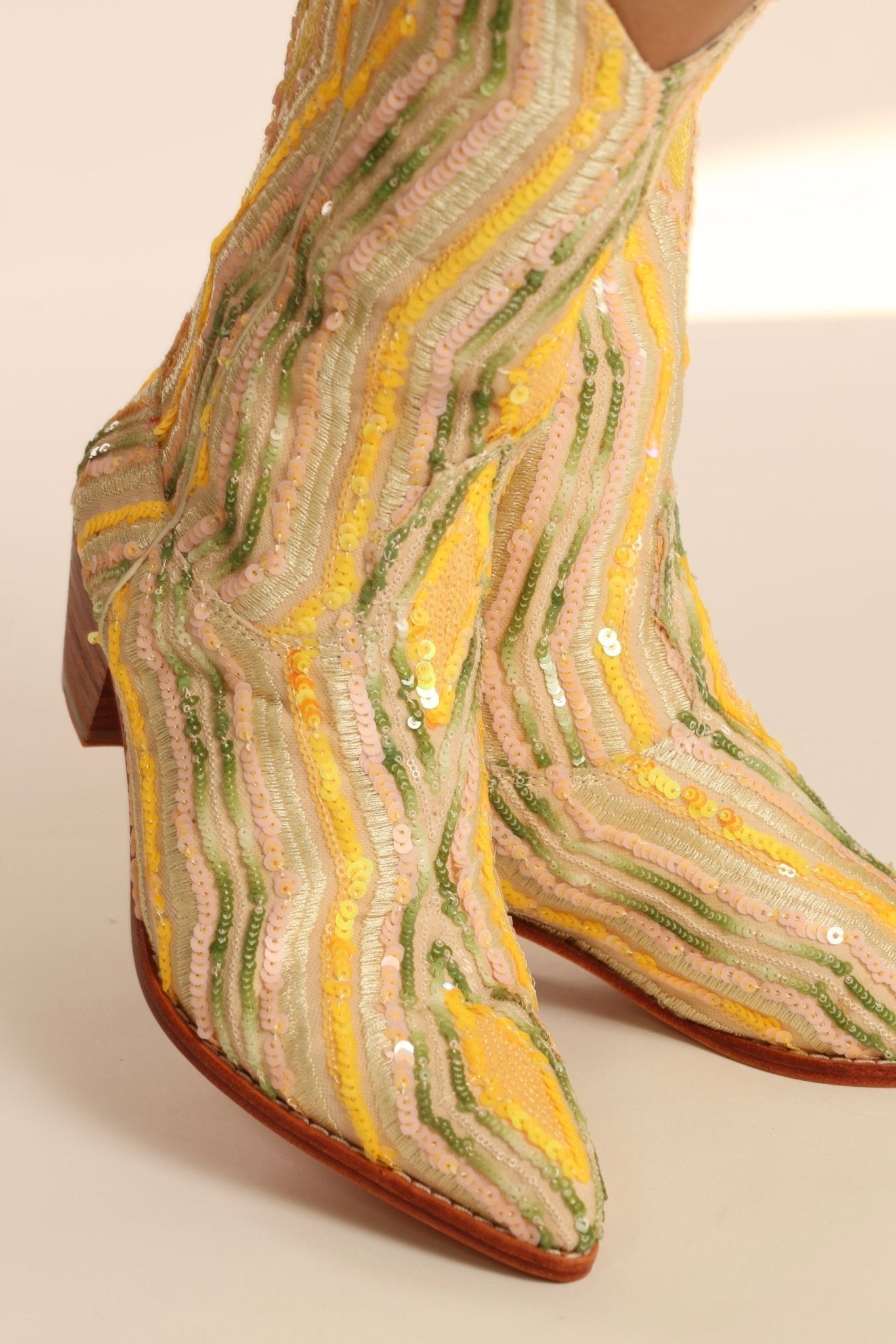 YELLOW WESTERN SEQUIN EMBROIDERED BOOTS SILK MADELAIN - BANGKOK TAILOR CLOTHING STORE - HANDMADE CLOTHING