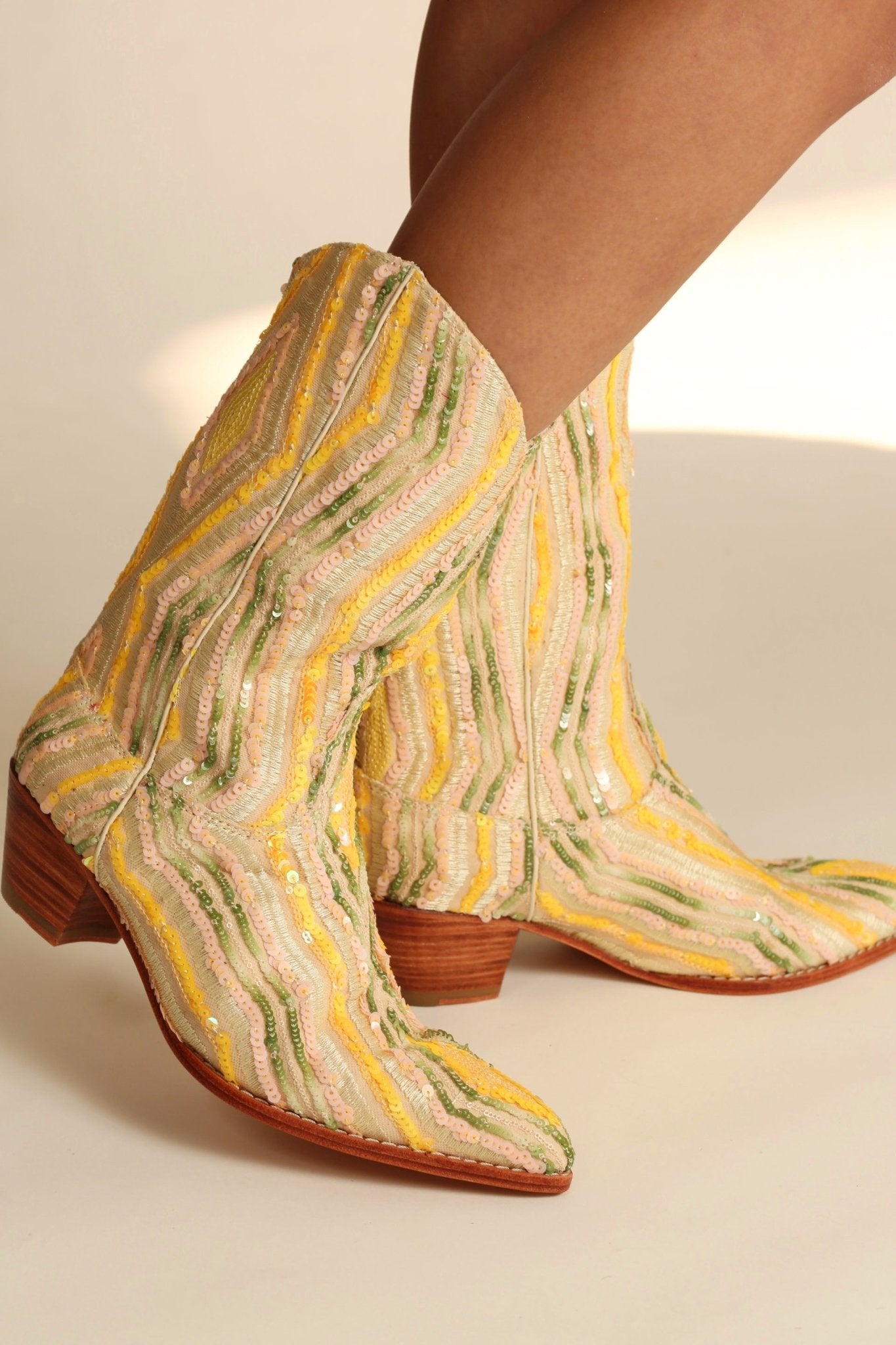 YELLOW WESTERN SEQUIN EMBROIDERED BOOTS SILK MADELAIN - BANGKOK TAILOR CLOTHING STORE - HANDMADE CLOTHING