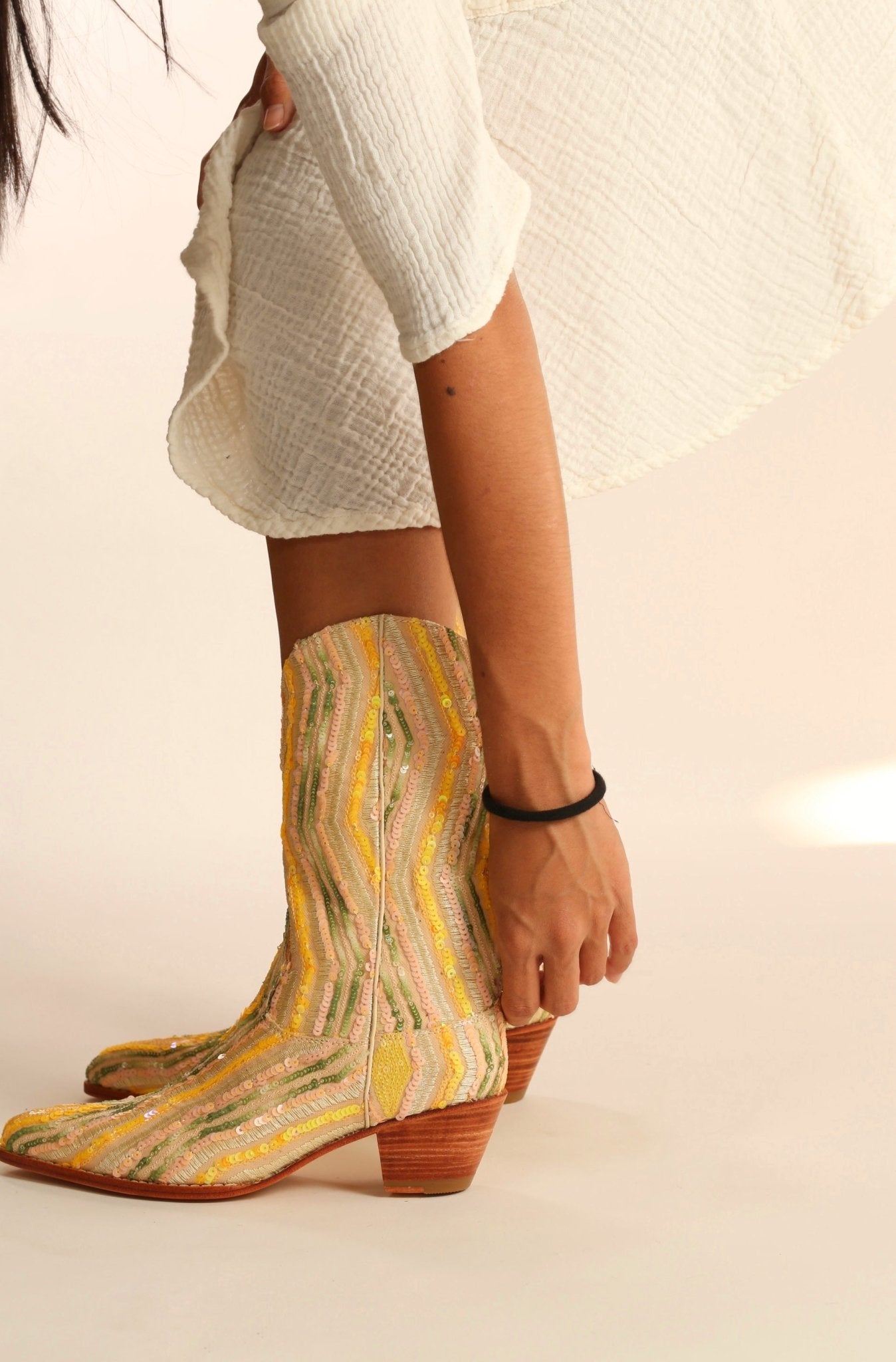 YELLOW WESTERN SEQUIN EMBROIDERED BOOTS SILK MADELAIN - BANGKOK TAILOR CLOTHING STORE - HANDMADE CLOTHING