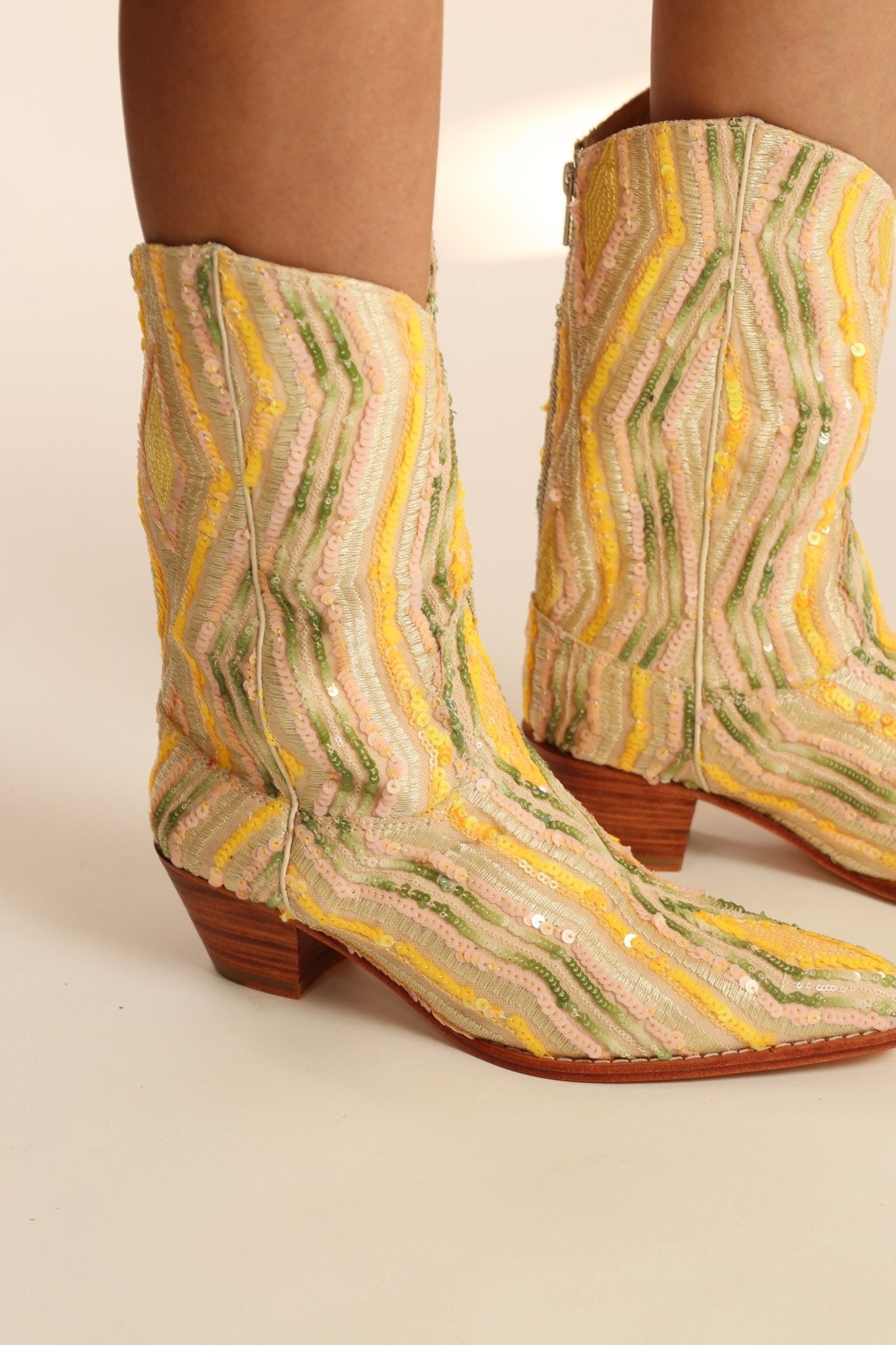 YELLOW WESTERN SEQUIN EMBROIDERED BOOTS SILK MADELAIN - BANGKOK TAILOR CLOTHING STORE - HANDMADE CLOTHING