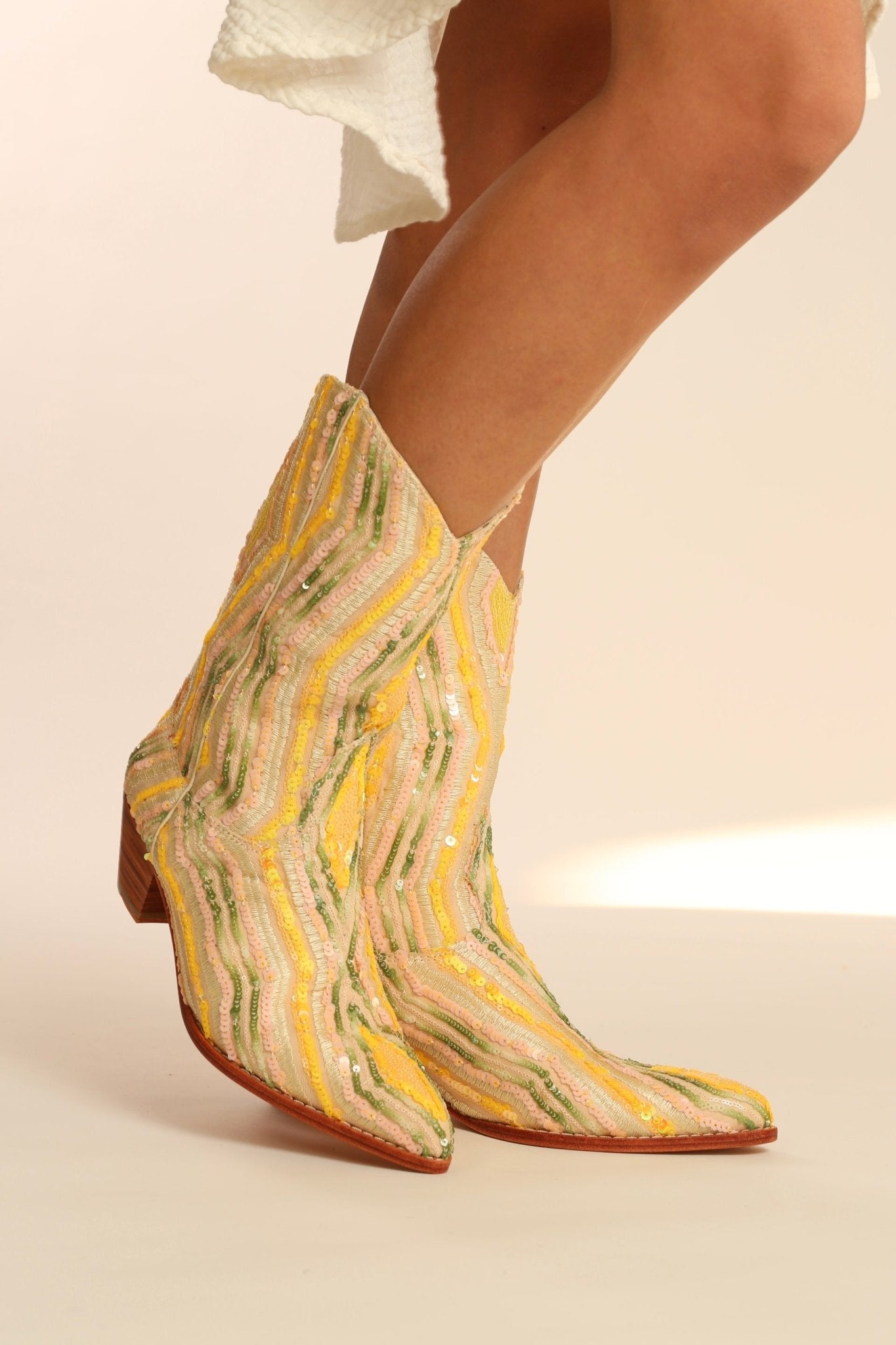 YELLOW WESTERN SEQUIN EMBROIDERED BOOTS SILK MADELAIN - BANGKOK TAILOR CLOTHING STORE - HANDMADE CLOTHING