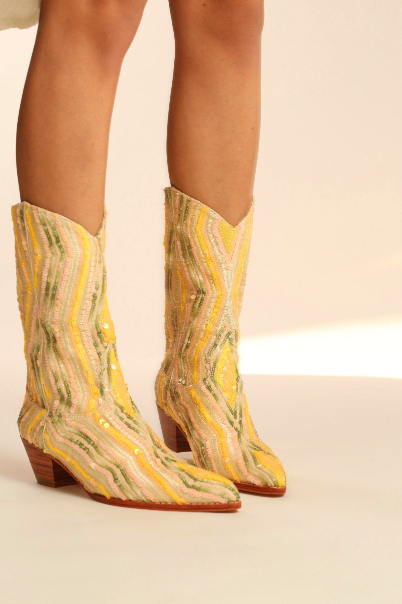 YELLOW WESTERN SEQUIN EMBROIDERED BOOTS SILK MADELAIN - BANGKOK TAILOR CLOTHING STORE - HANDMADE CLOTHING