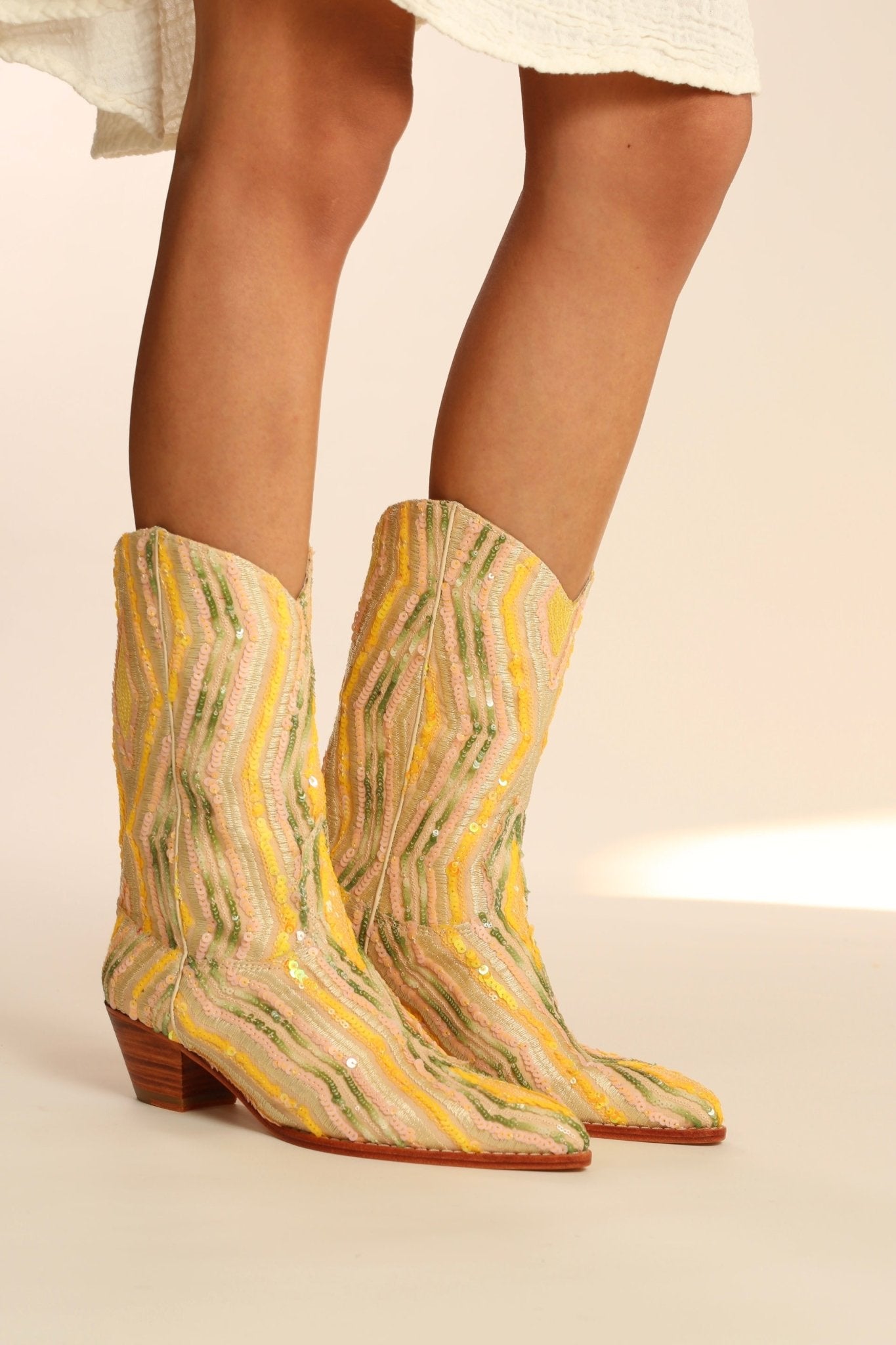 YELLOW WESTERN SEQUIN EMBROIDERED BOOTS SILK MADELAIN - BANGKOK TAILOR CLOTHING STORE - HANDMADE CLOTHING