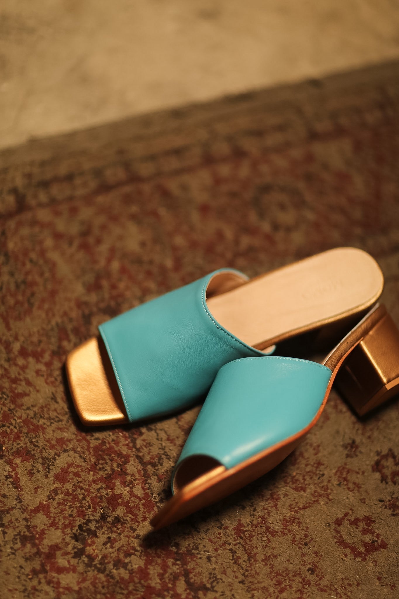 HEELED MULES LORIN AQUA GOLD