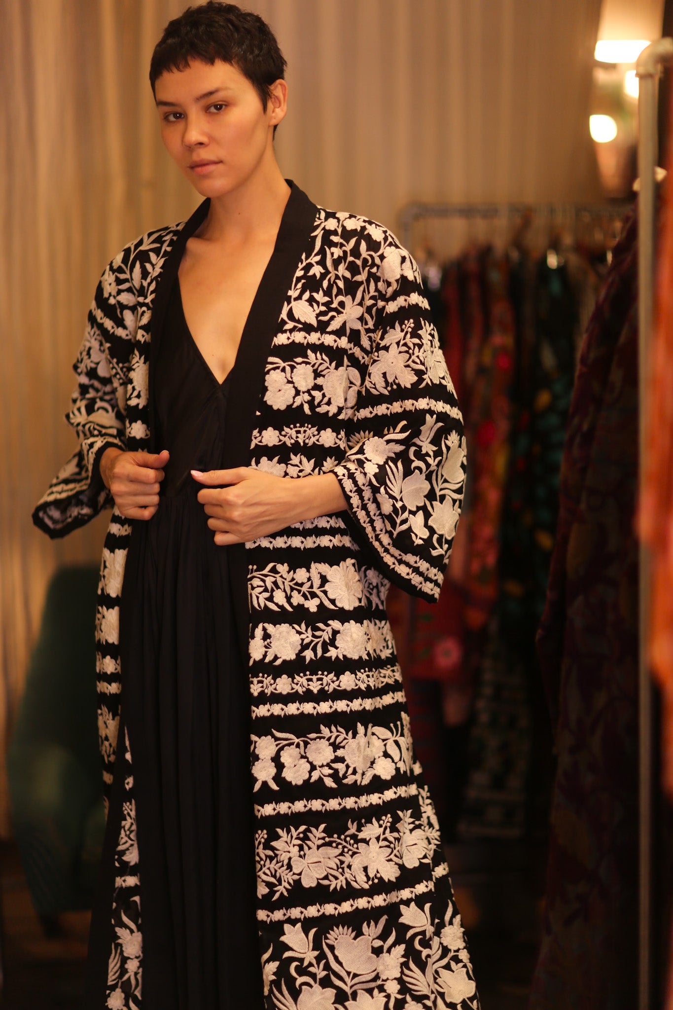 OLA EMBROIDERED SILK LONG KIMONO