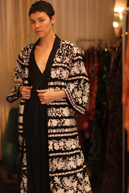 OLA EMBROIDERED SILK LONG KIMONO