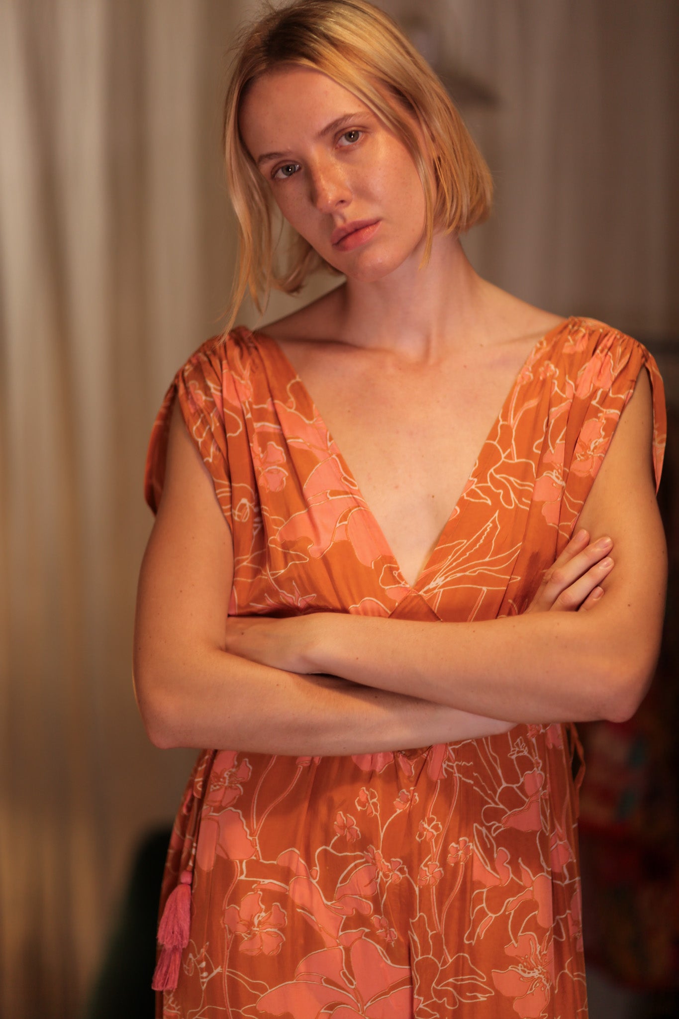 VICTORIA SILK DRESS ORANGE FLOWER