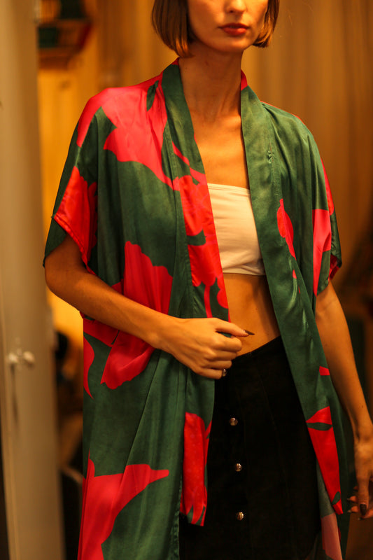 SILK KIMONO GREEN AND PINK