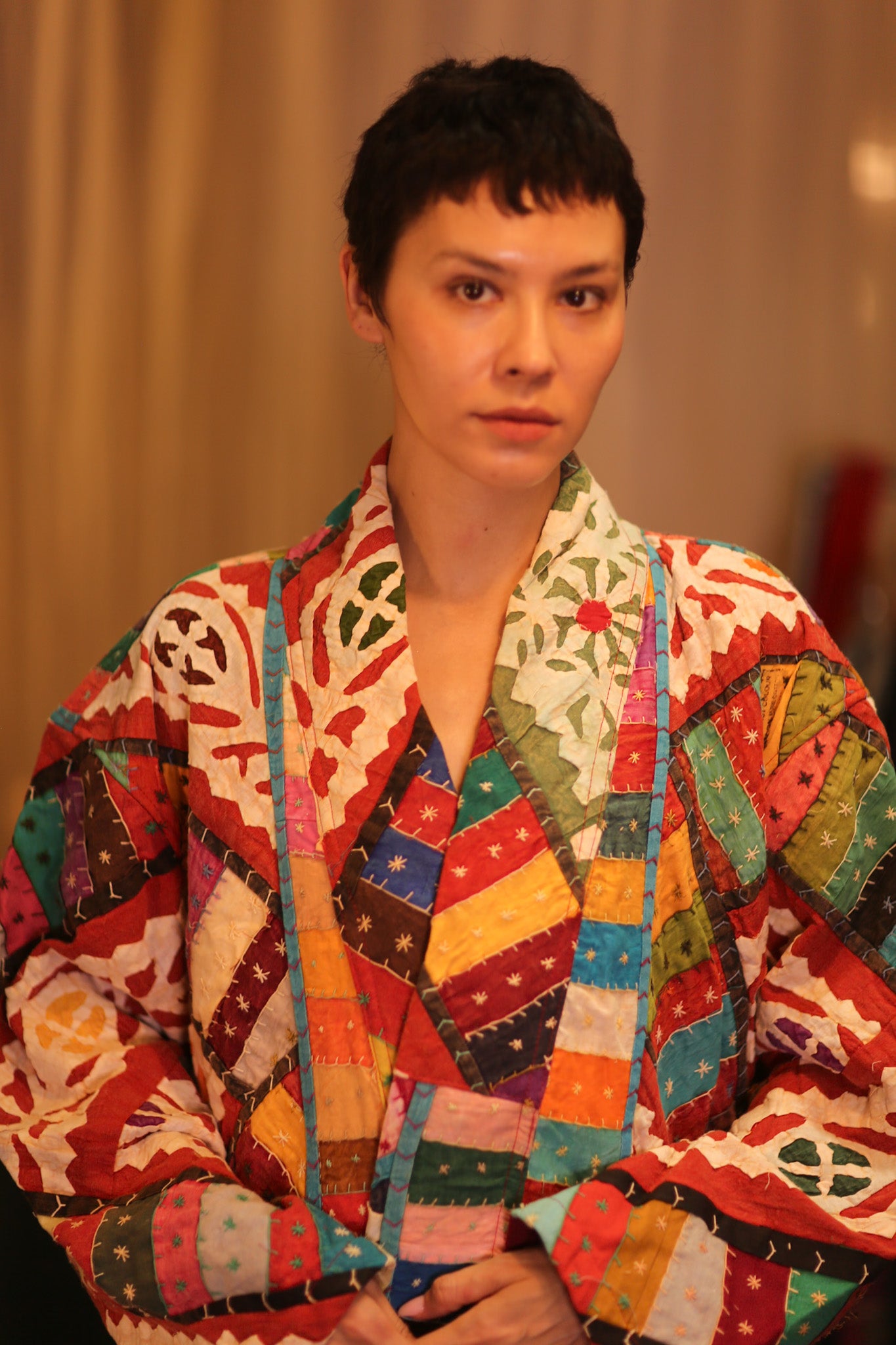 PATCHWORK PATTERN KANTHA LONG KIMONO RAINBOW