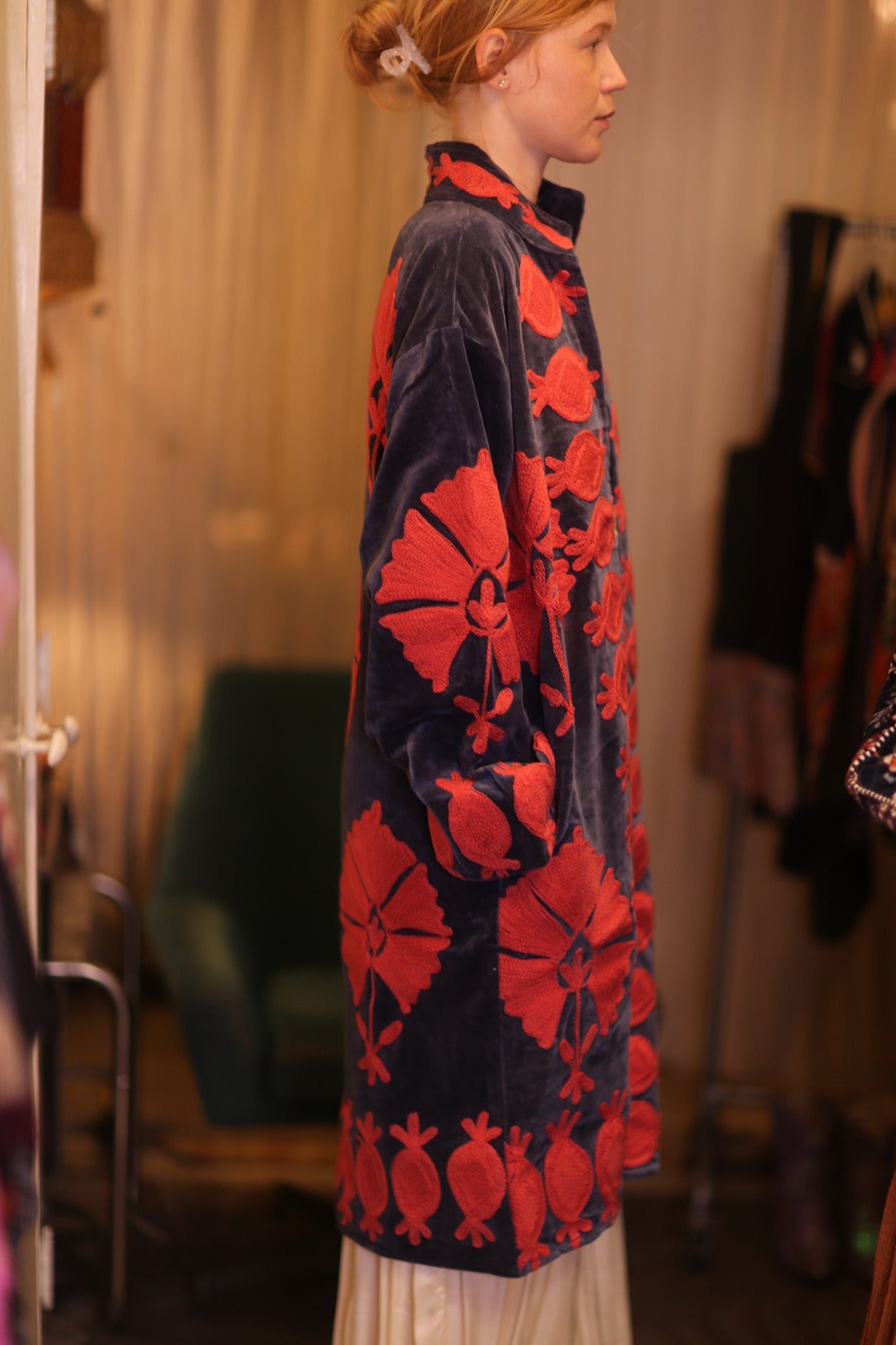 EMBROIDERED VELVET LONG COAT MISCHKA FAYE