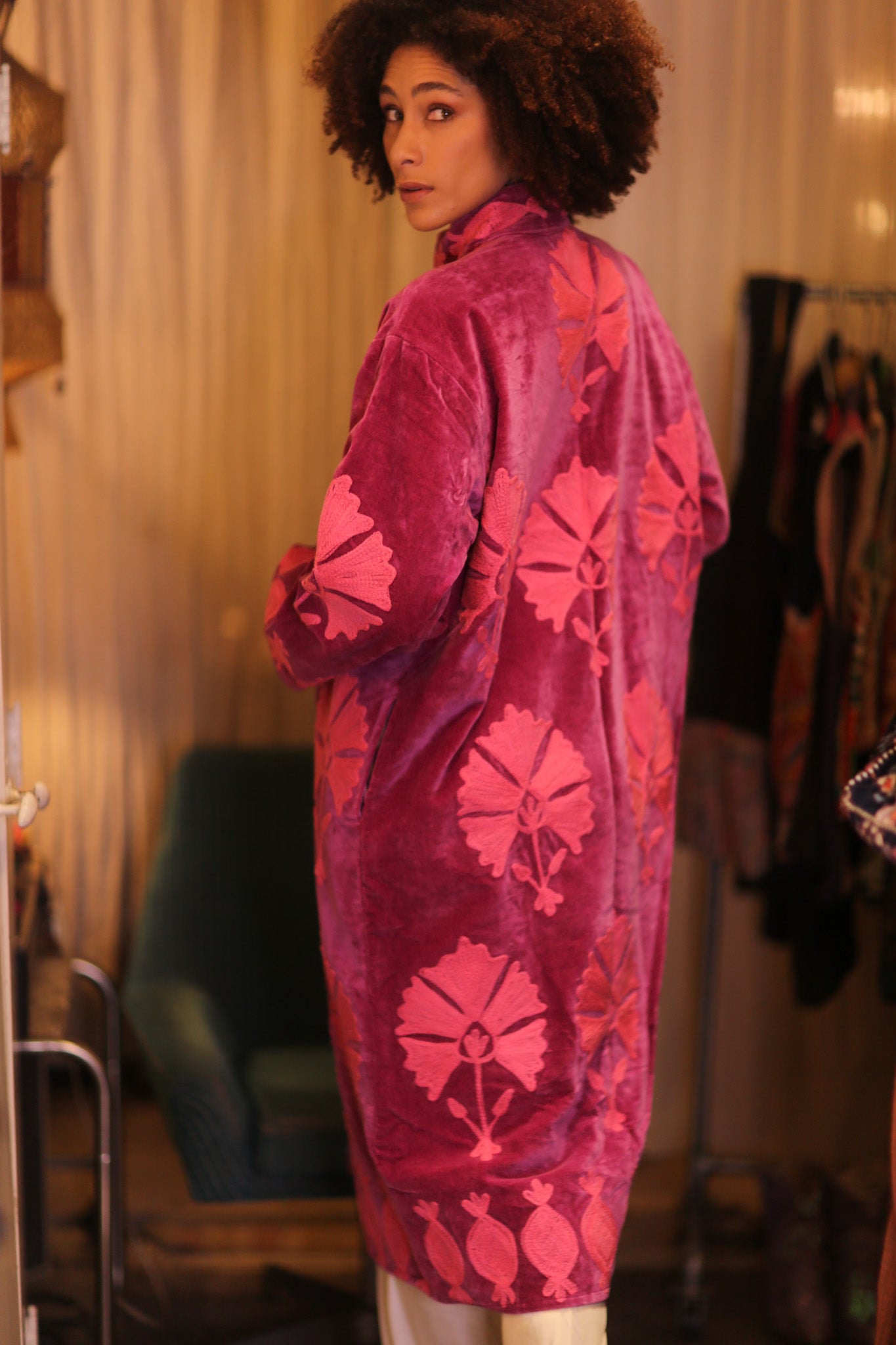 EMBROIDERED VELVET LONG COAT MISCHKA EMI