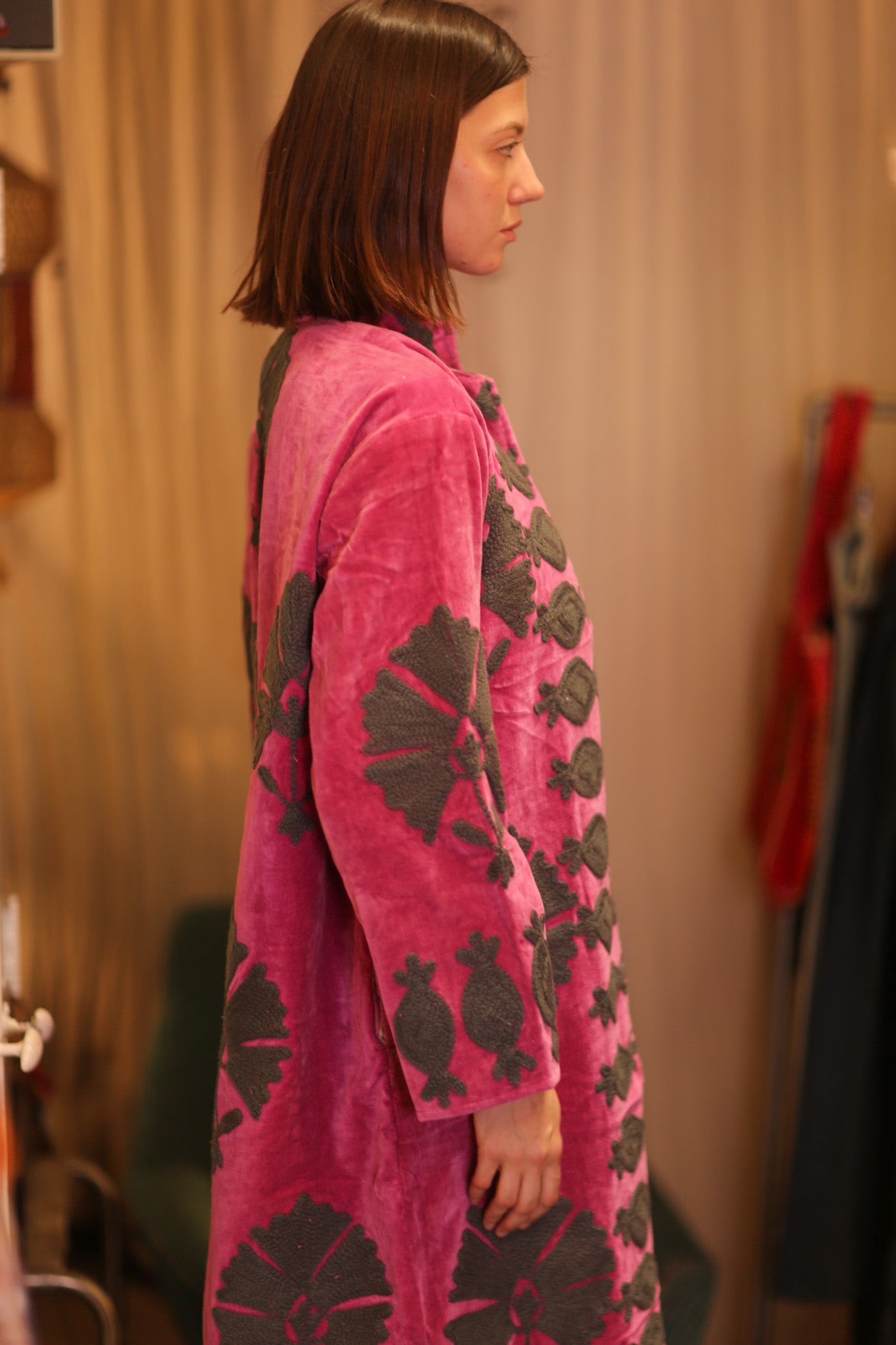 EMBROIDERED VELVET LONG COAT MISCHKA PEONY