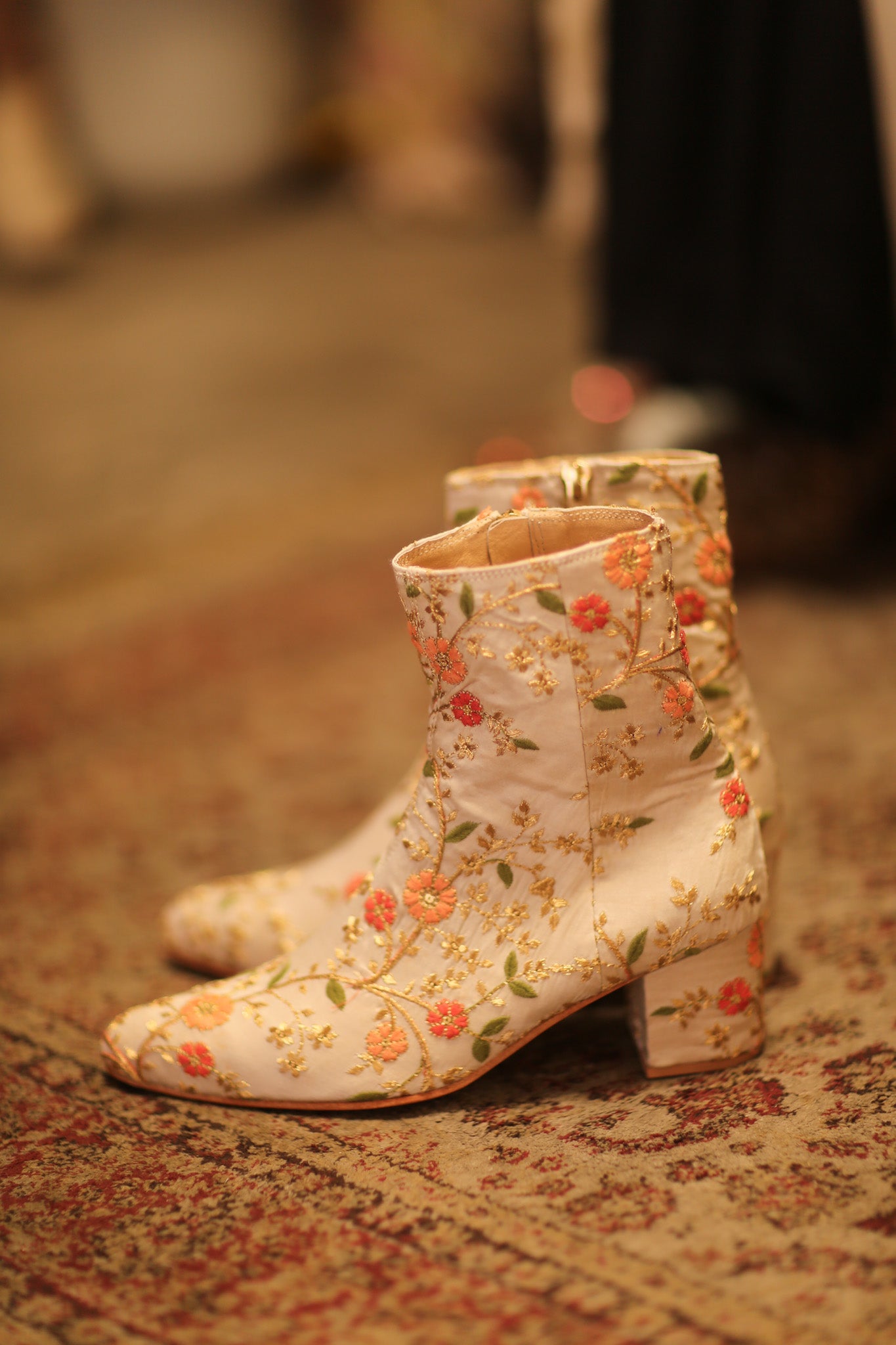 BEIGE SILK EMBROIDERED BOOTS
