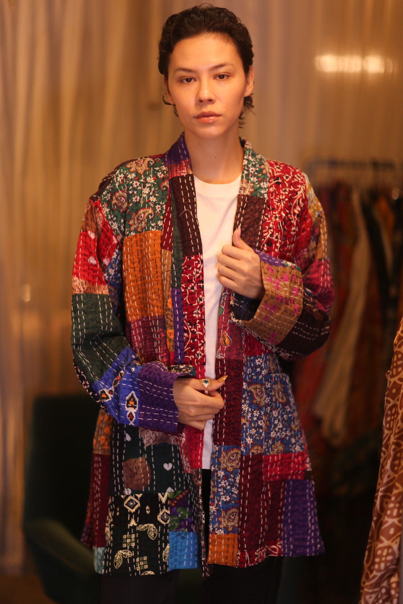PATCHWORK PATTERN SILK SHORT KIMONO SHUNE