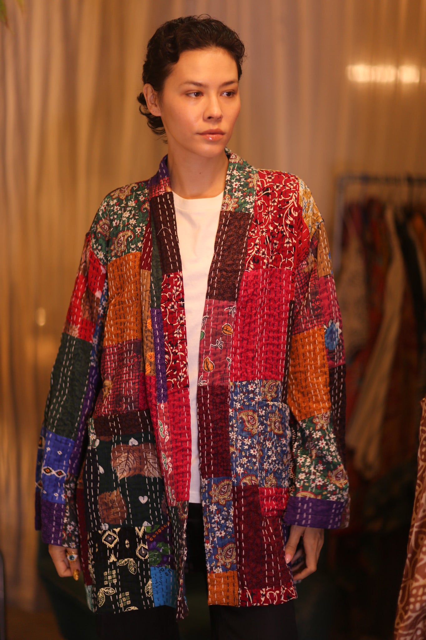 PATCHWORK PATTERN SILK SHORT KIMONO SHUNE