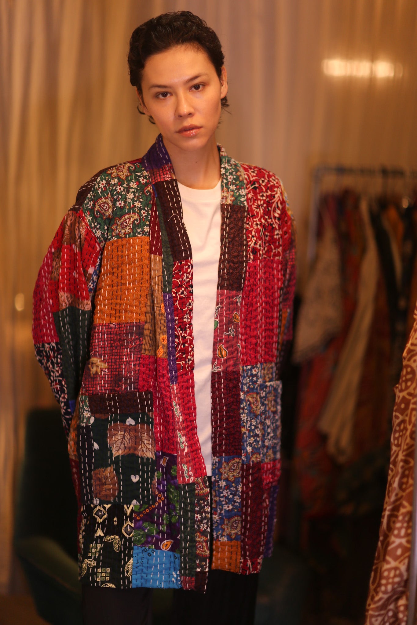 PATCHWORK PATTERN SILK SHORT KIMONO SHUNE