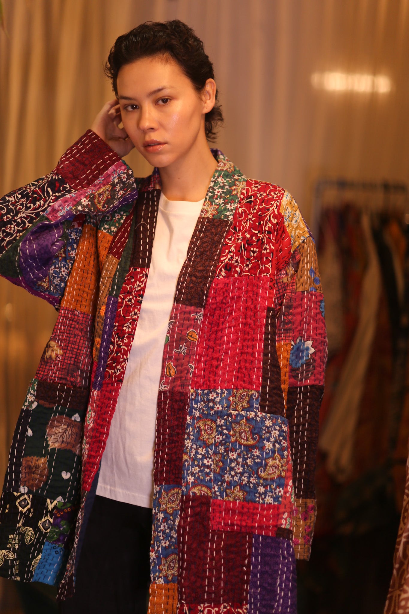 PATCHWORK PATTERN SILK SHORT KIMONO SHUNE