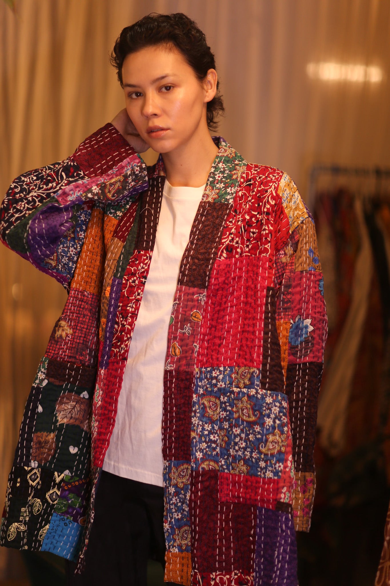 PATCHWORK PATTERN SILK SHORT KIMONO SHUNE