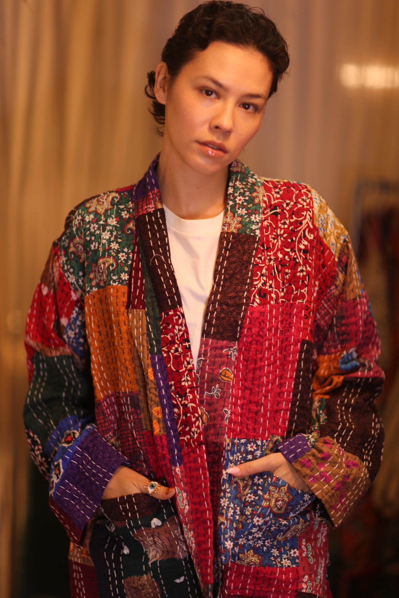 PATCHWORK PATTERN SILK SHORT KIMONO SHUNE