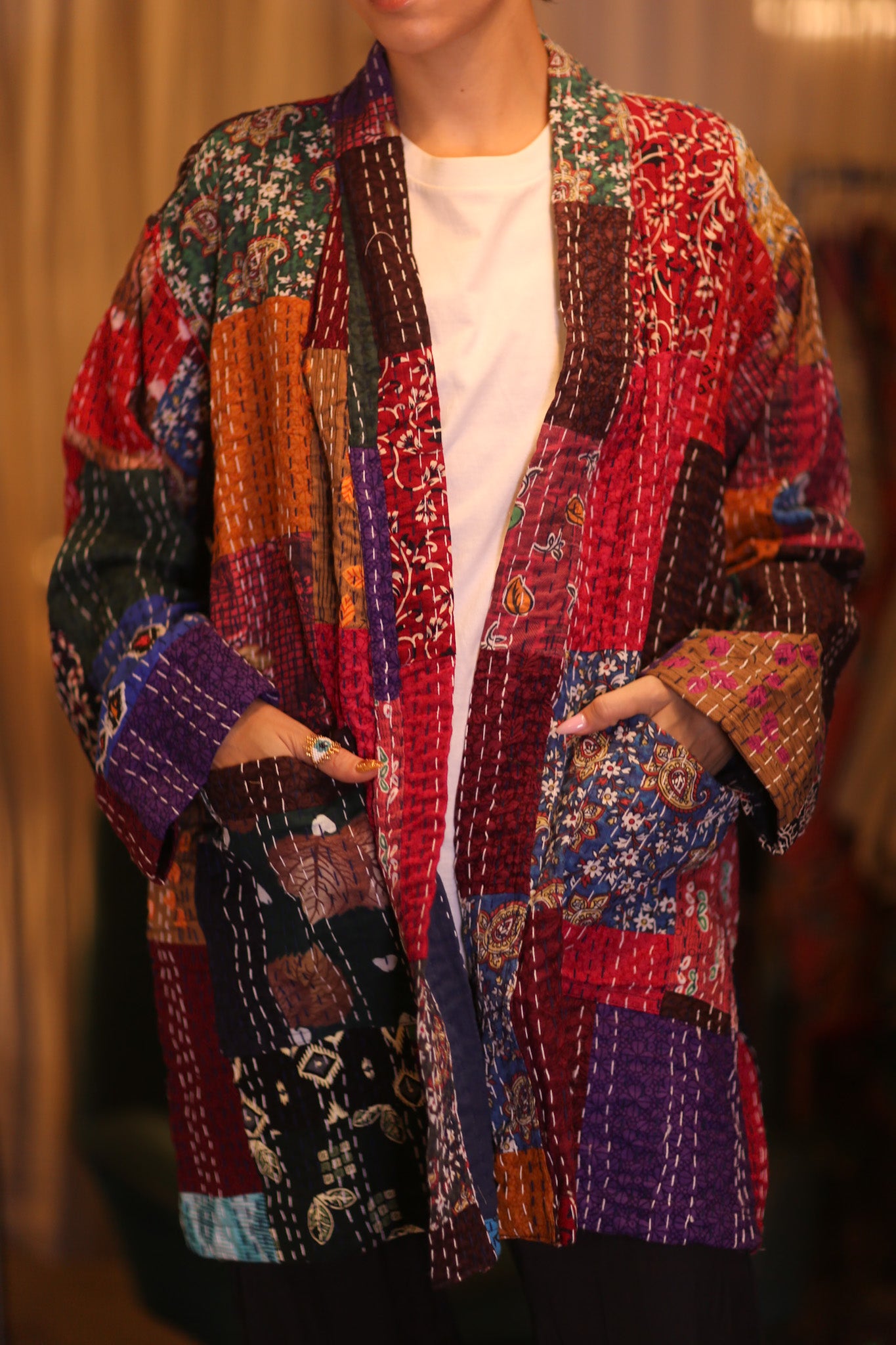 PATCHWORK PATTERN SILK SHORT KIMONO SHUNE