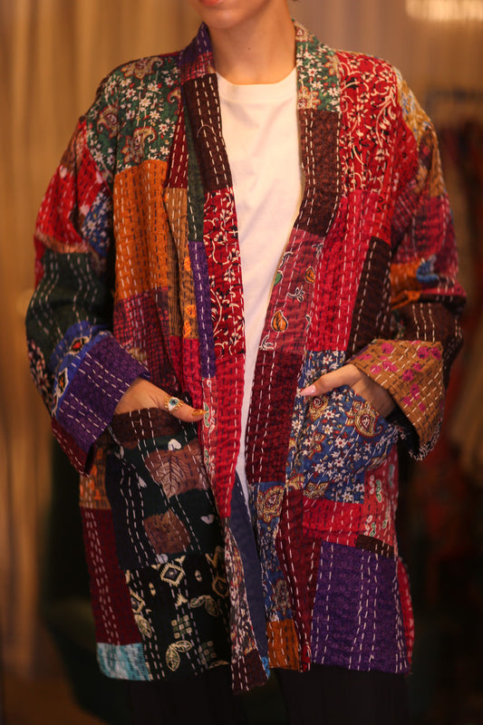 PATCHWORK PATTERN SILK SHORT KIMONO SHUNE