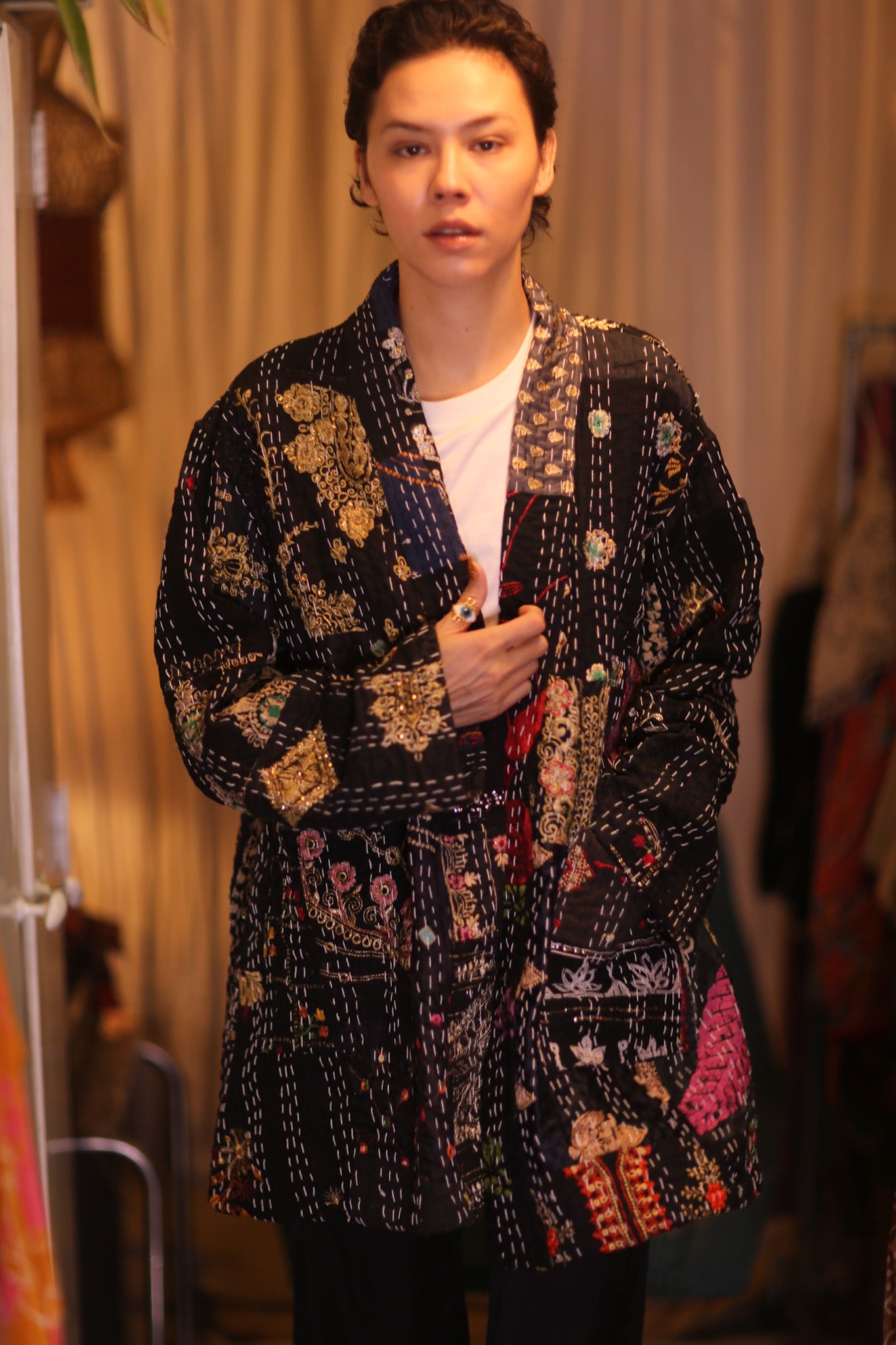 PATCHWORK PATTERN SILK SHORT KIMONO NYAMIE