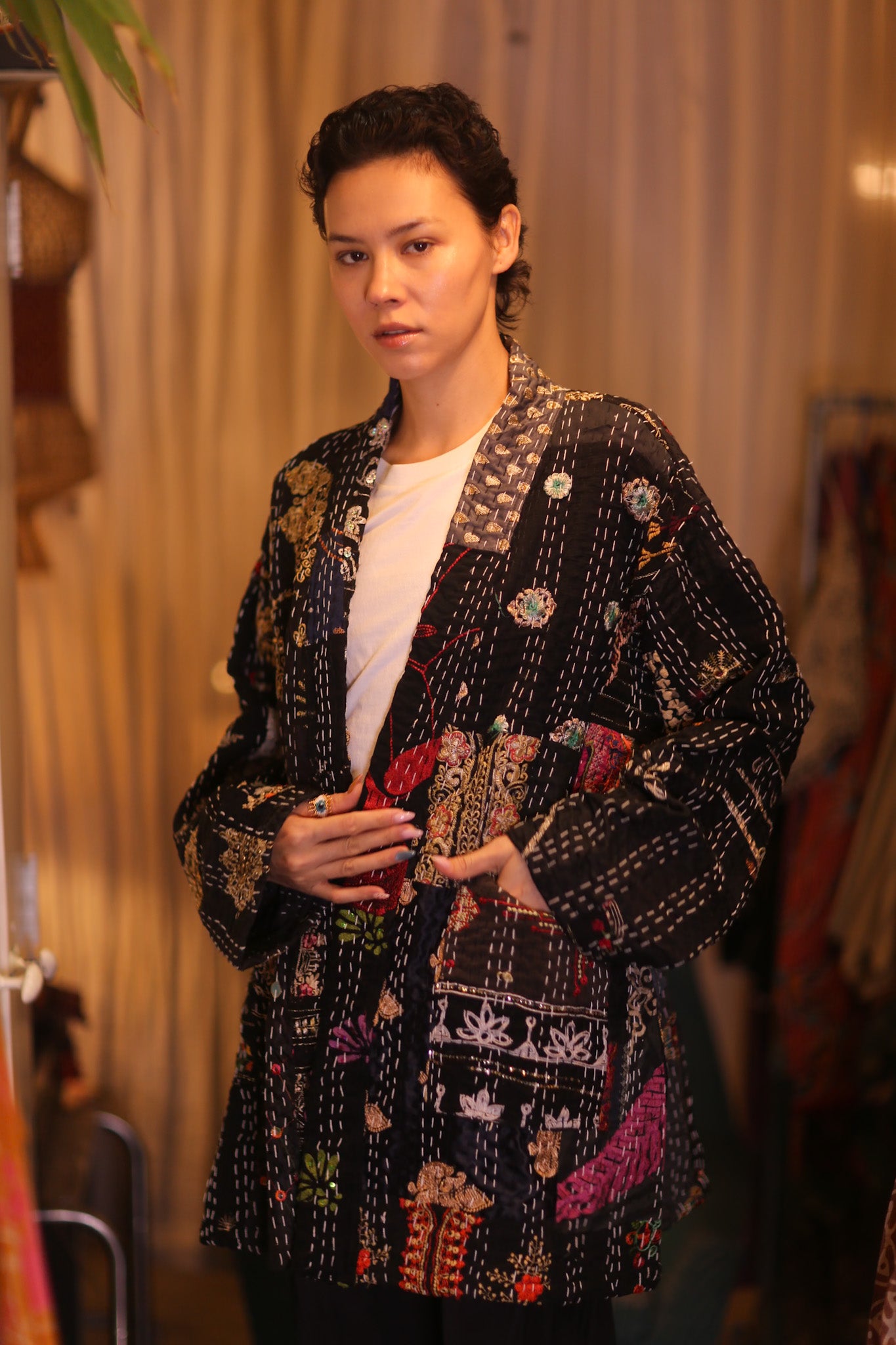 PATCHWORK PATTERN SILK SHORT KIMONO NYAMIE