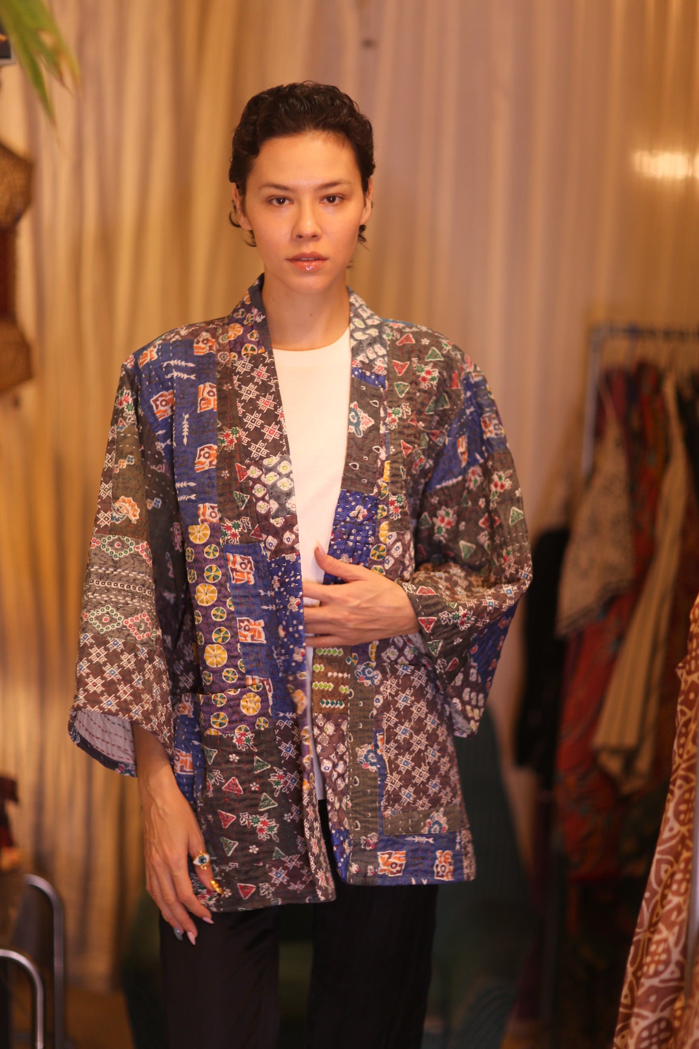 PATCHWORK PATTERN SILK SHORT KIMONO NARVI