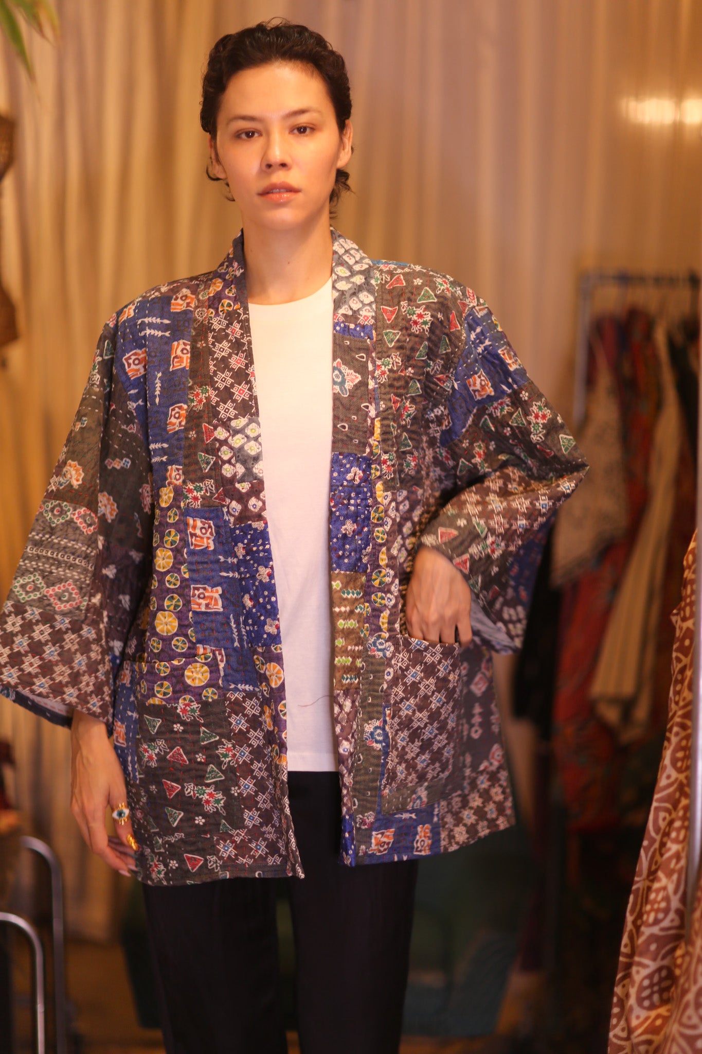 PATCHWORK PATTERN SILK SHORT KIMONO NARVI