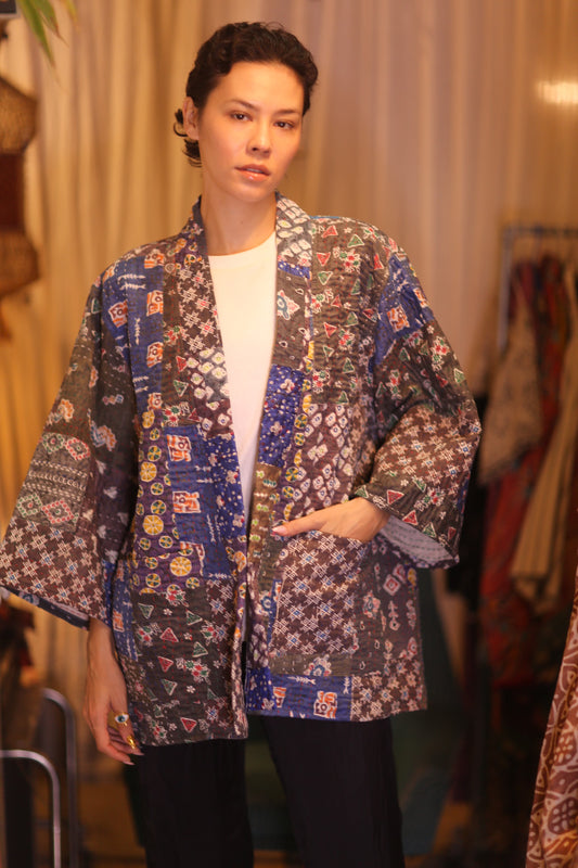 PATCHWORK PATTERN SILK SHORT KIMONO NARVI