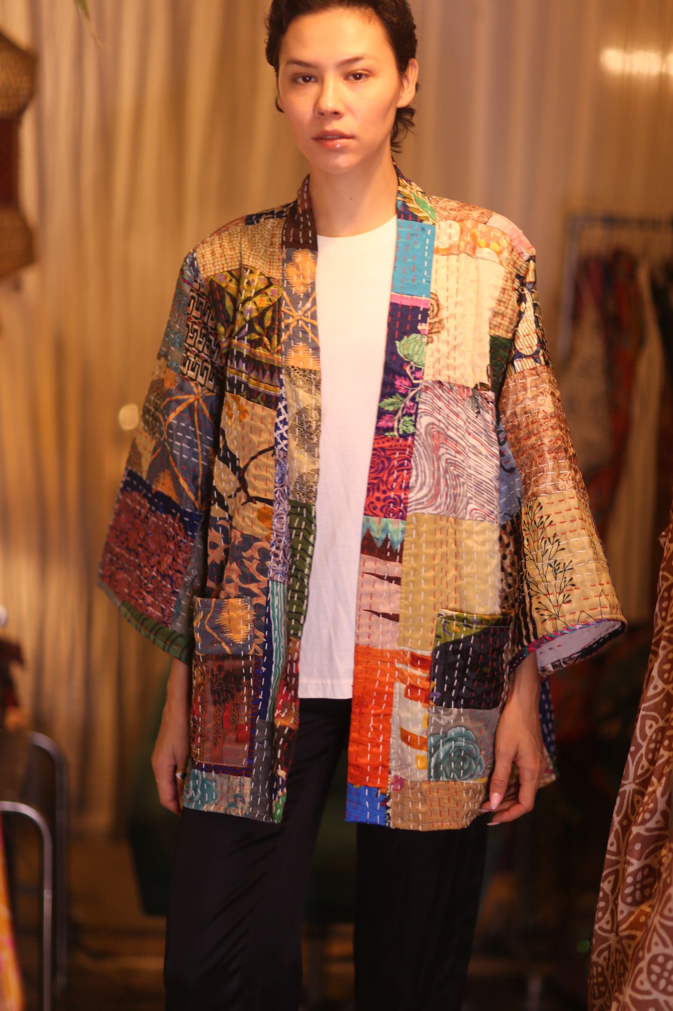 PATCHWORK PATTERN SILK SHORT KIMONO NAN
