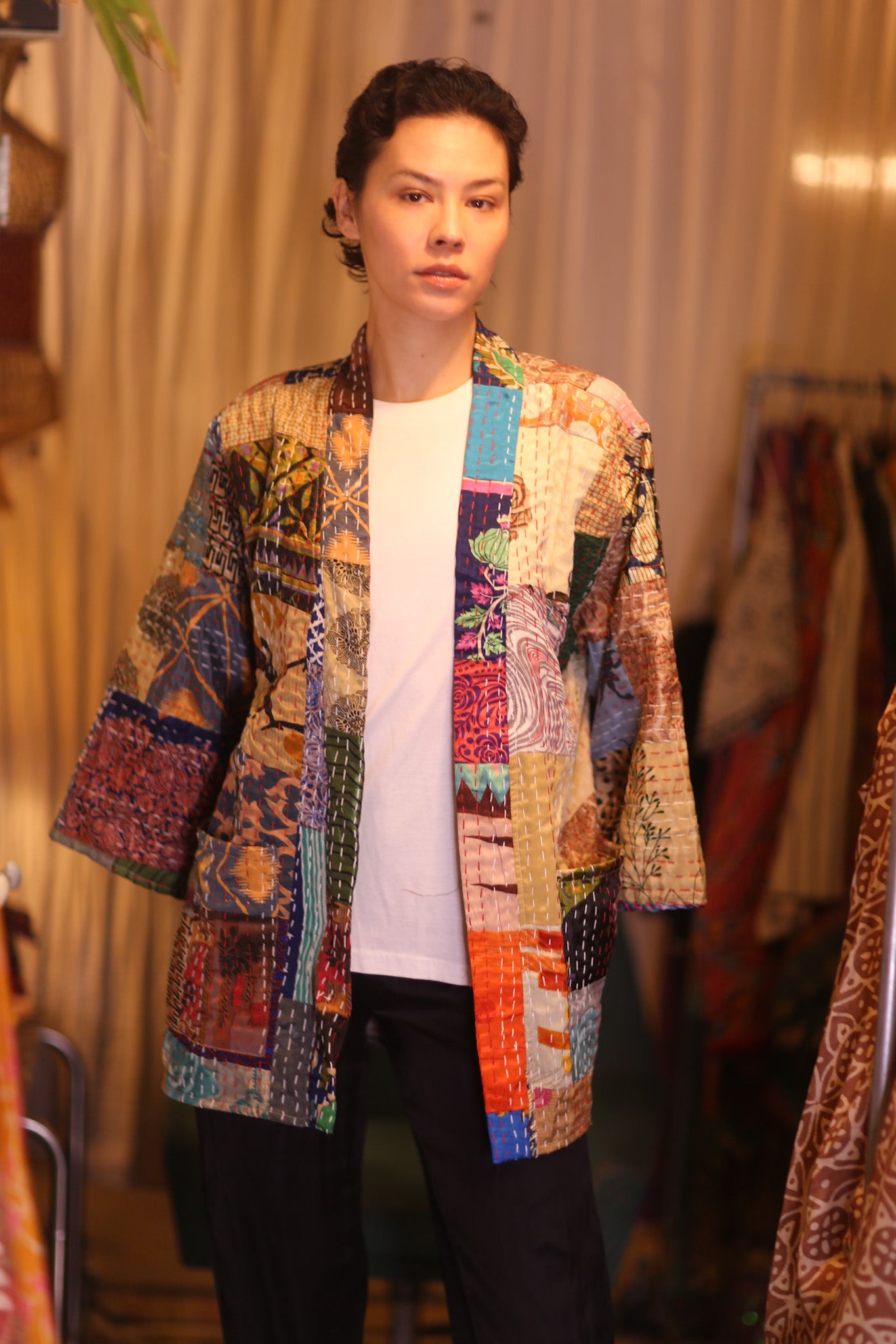 PATCHWORK PATTERN SILK SHORT KIMONO NAN