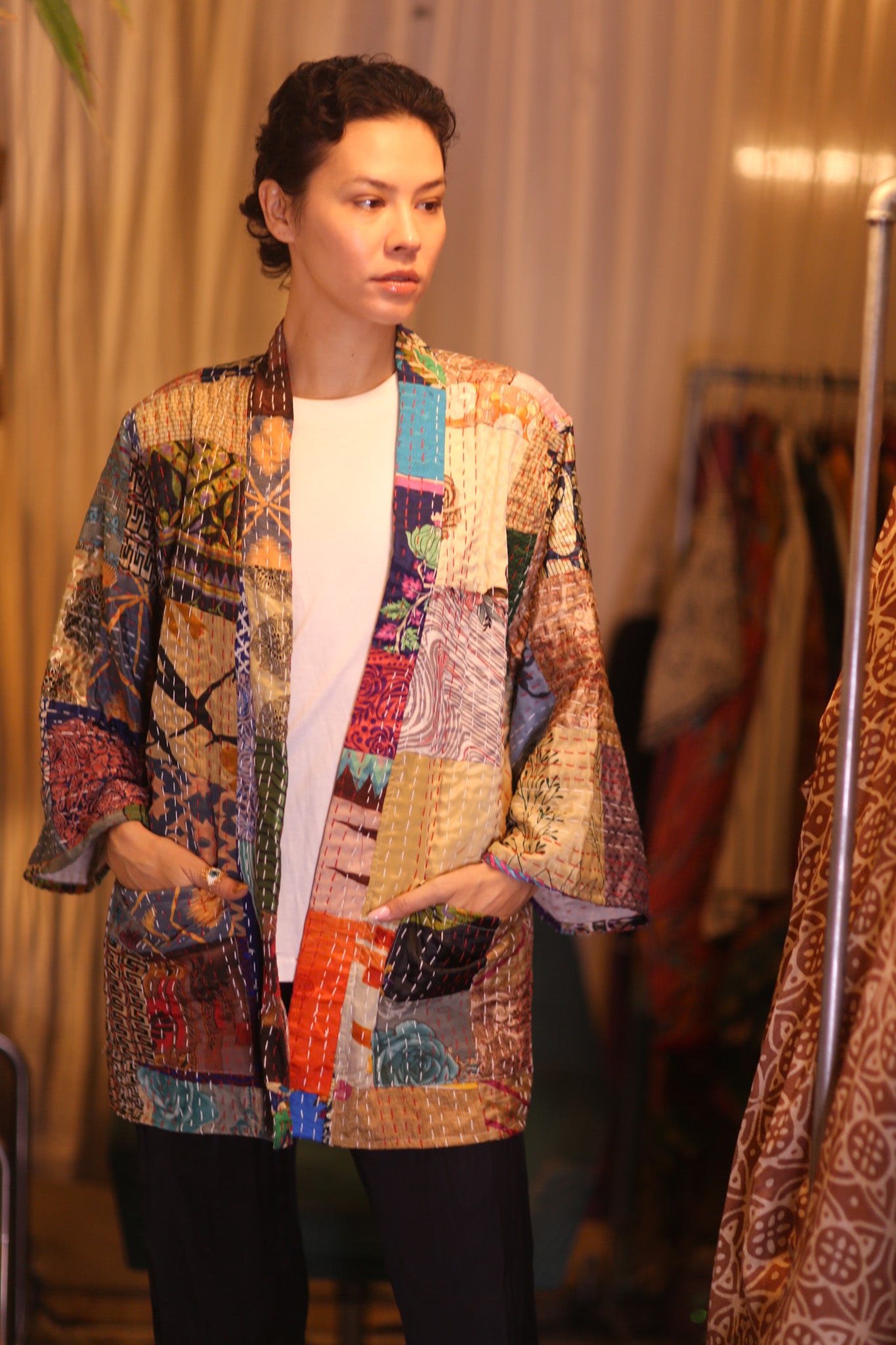 PATCHWORK PATTERN SILK SHORT KIMONO NAN